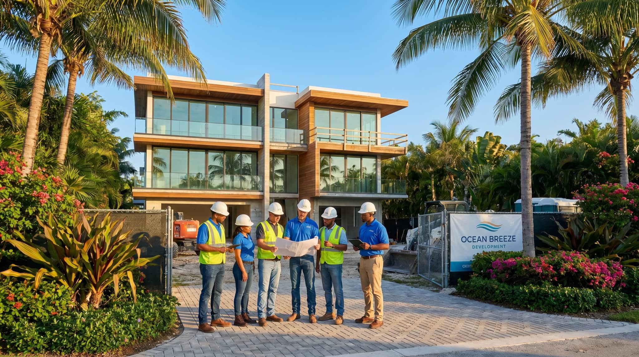 Professional construction team in hard hats at a South Florida site, South Florida.