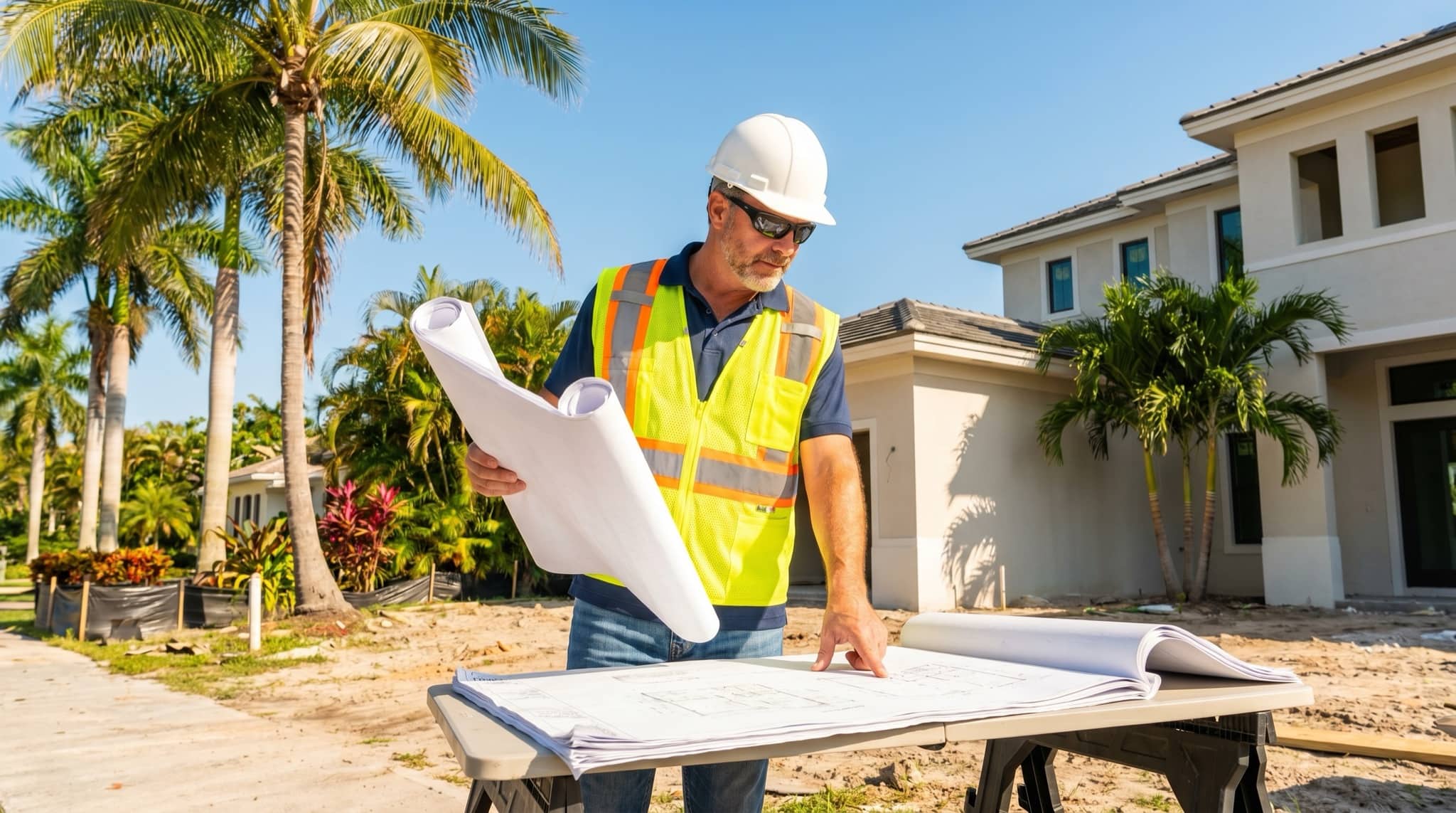 Florida contractor reviewing plans on a sunny site with palms, South Florida.