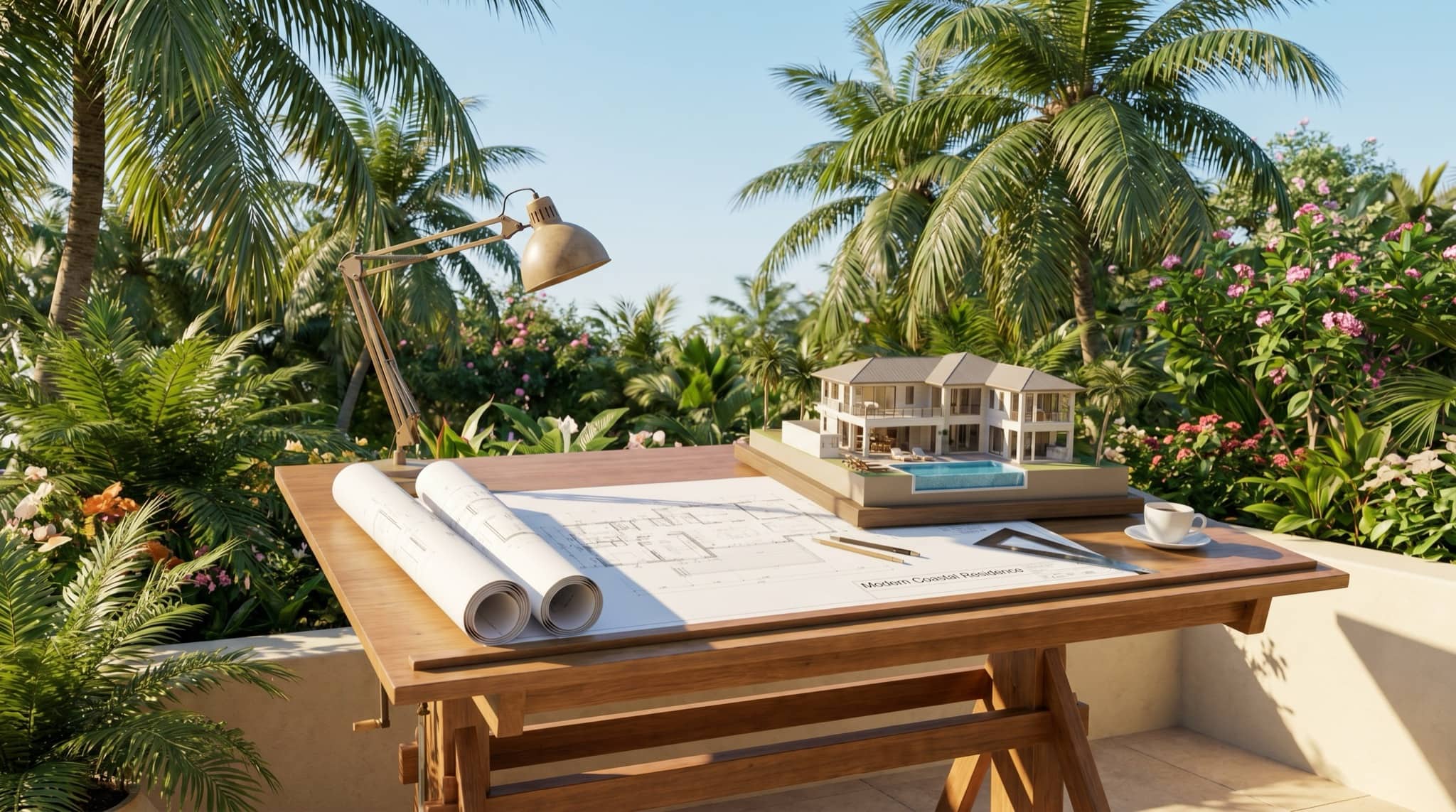 Architect's table with blueprints and a model of a Florida home, South Florida.