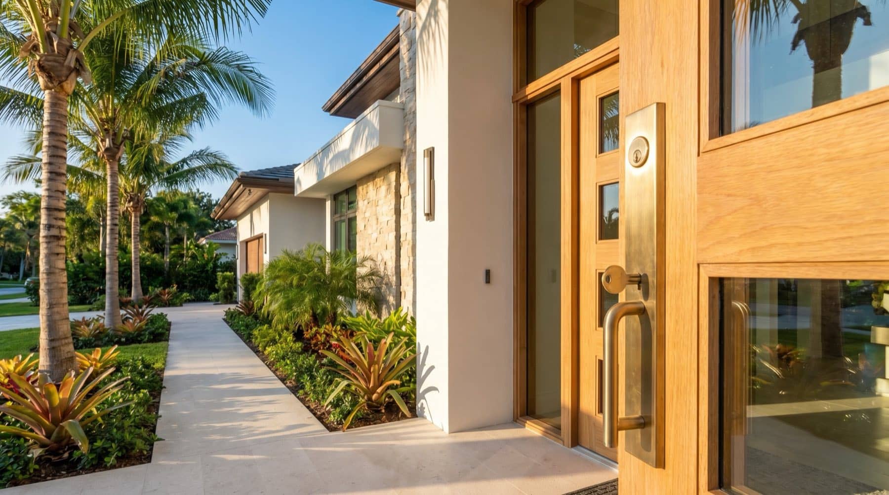 Front door of a modern Florida home with a key in the lock, welcoming, South Florida.