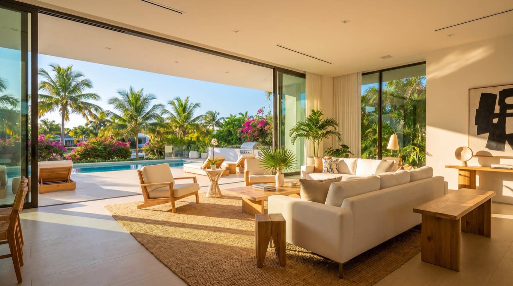 Bright modern Florida living room staged and sunlit, South Florida.