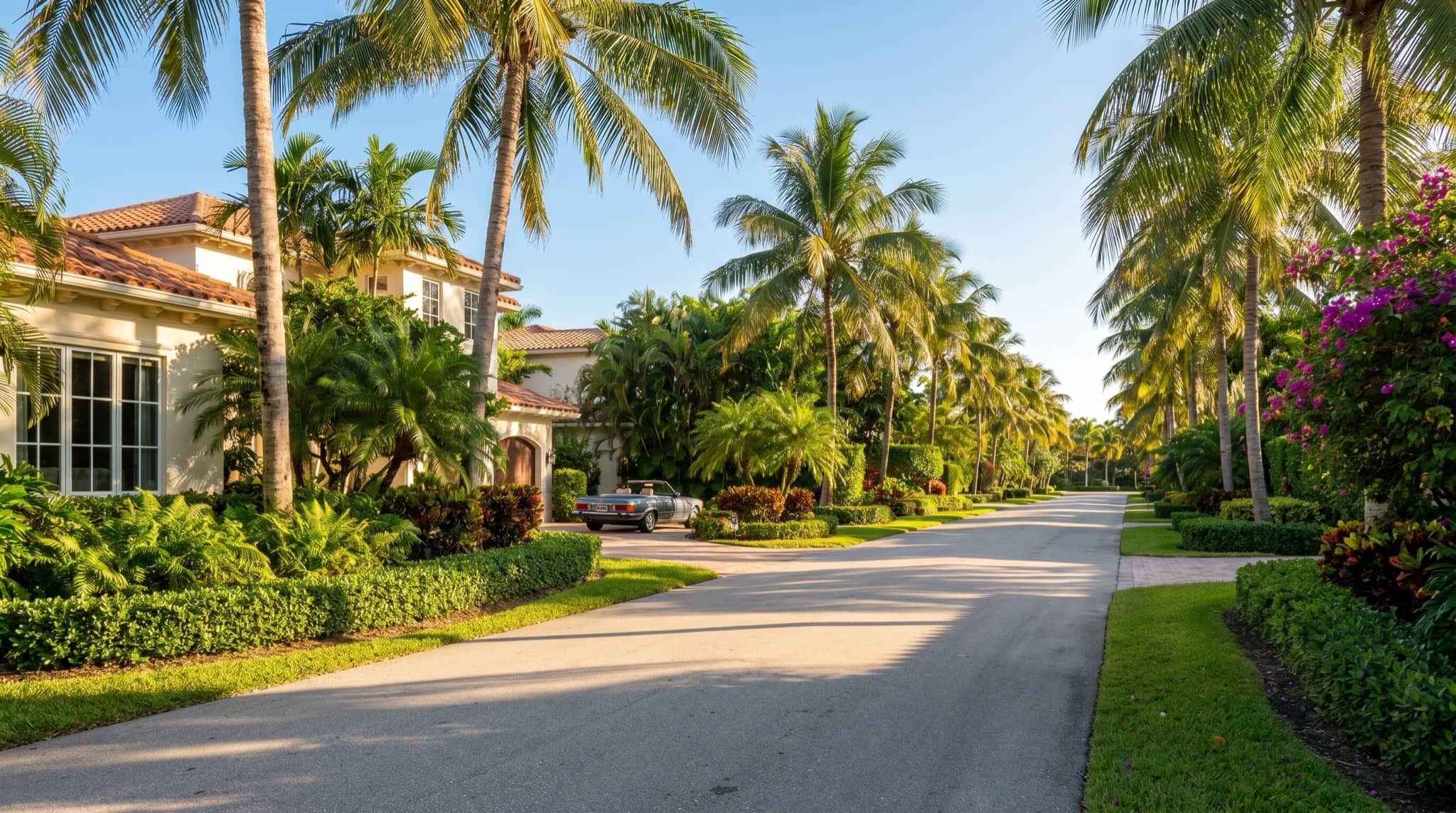 Pembroke Pines palm-lined street under blue sky, South Florida.