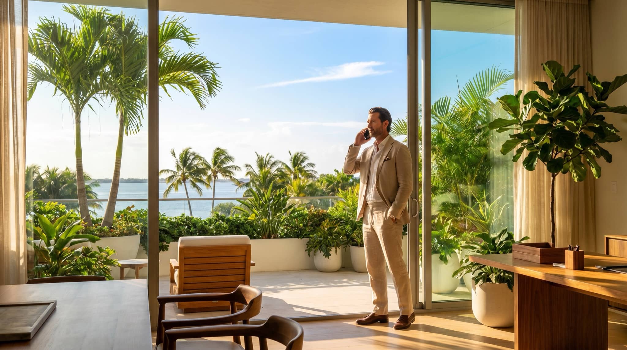 Professional taking a phone call in a bright Florida office, South Florida.