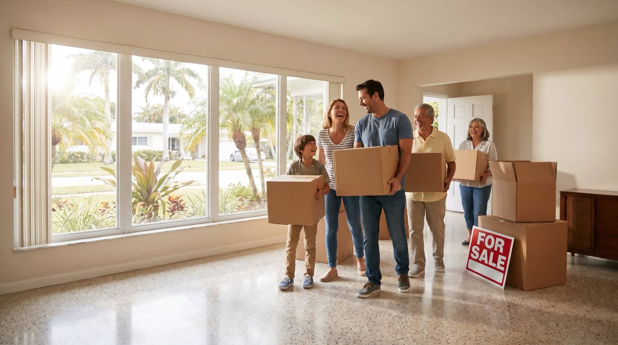 Moving boxes in a sunny empty Florida living room, South Florida.