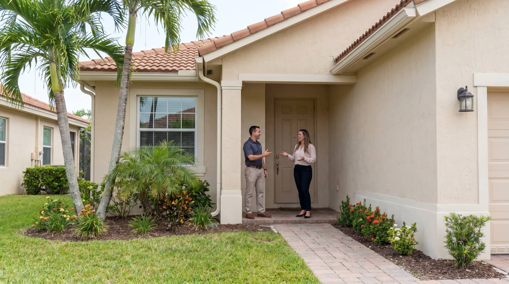 Modest starter single-family home exterior in South Florida with palms, South Florida.