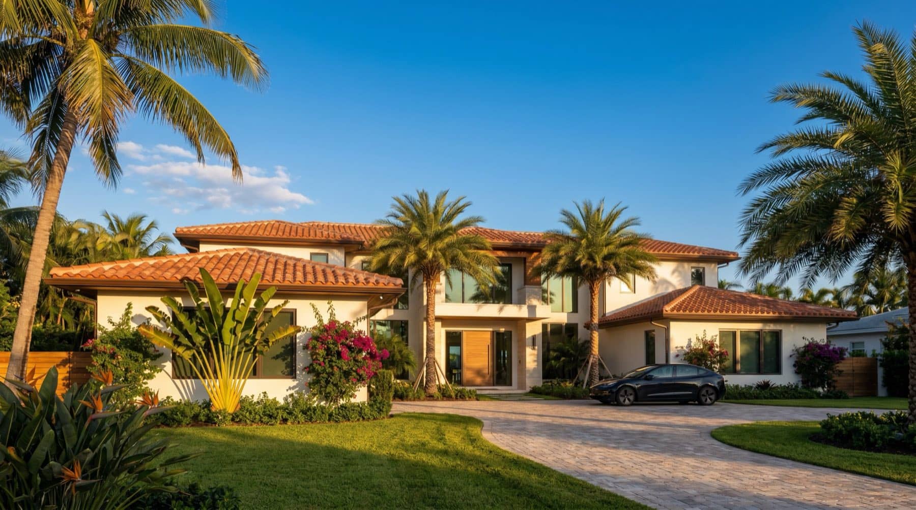 Modern South Florida luxury home exterior with a Spanish barrel-tile roof at golden hour, South Florida.