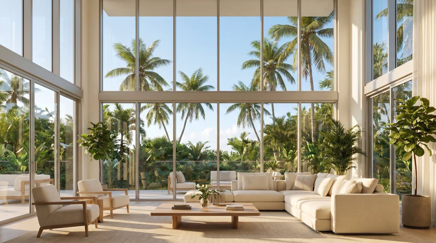 Bright airy modern living room with floor-to-ceiling windows overlooking palms, South Florida.