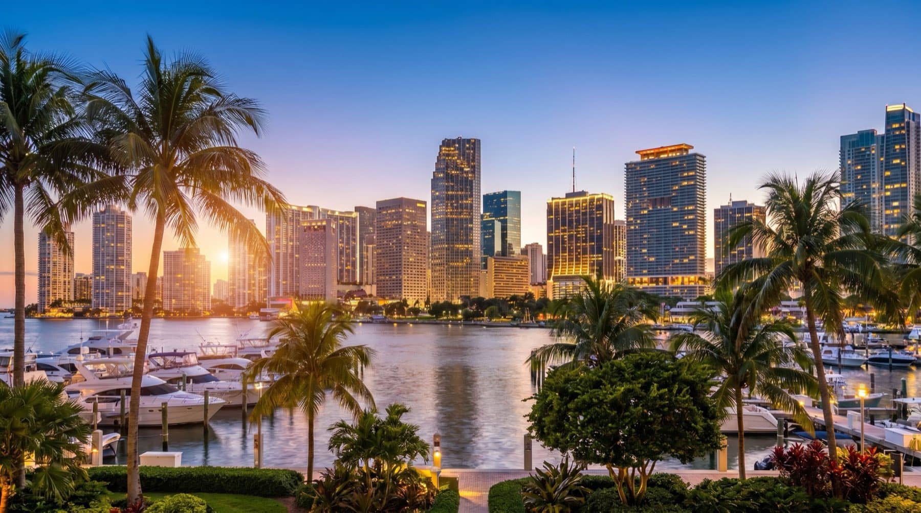 Miami Brickell skyline at dusk seen across the bay, South Florida.