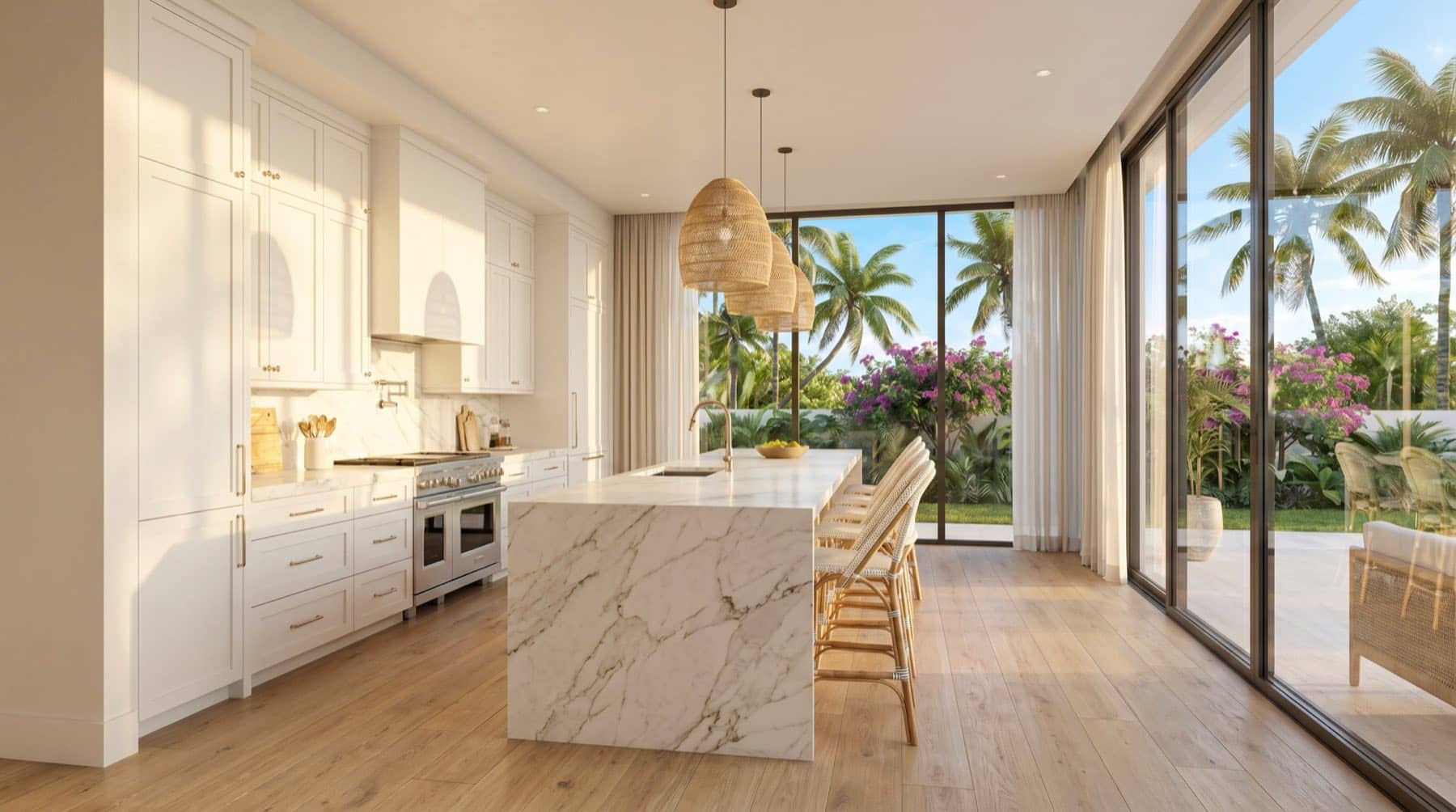 Elegant coastal kitchen with white cabinets and a marble island in Florida light, South Florida.