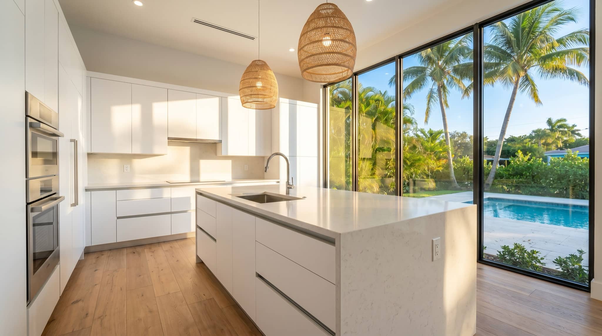 Modern kitchen remodel with white cabinets in Florida light, South Florida.