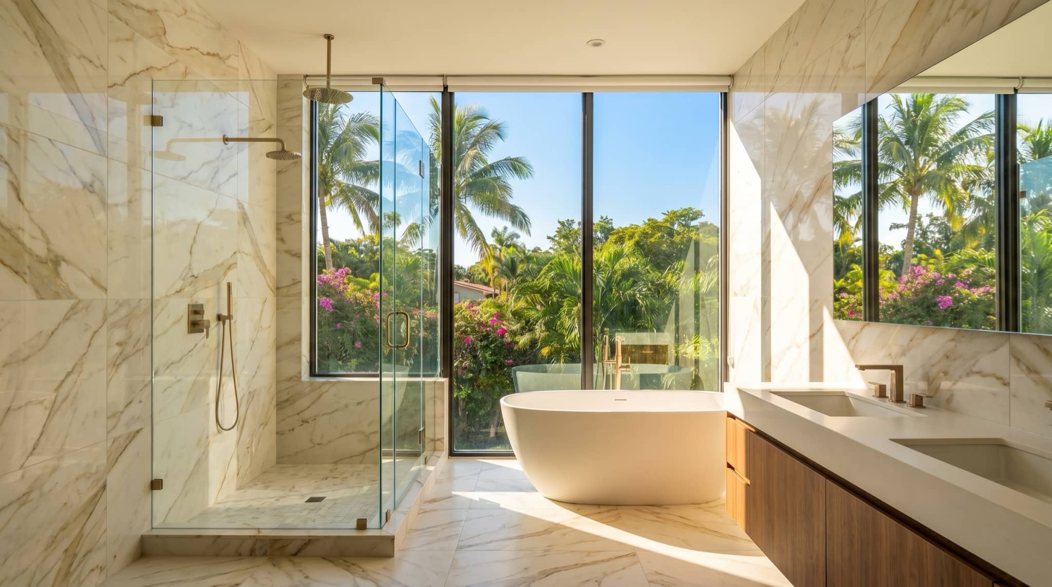 Renovated bathroom with marble tile, modern, South Florida.