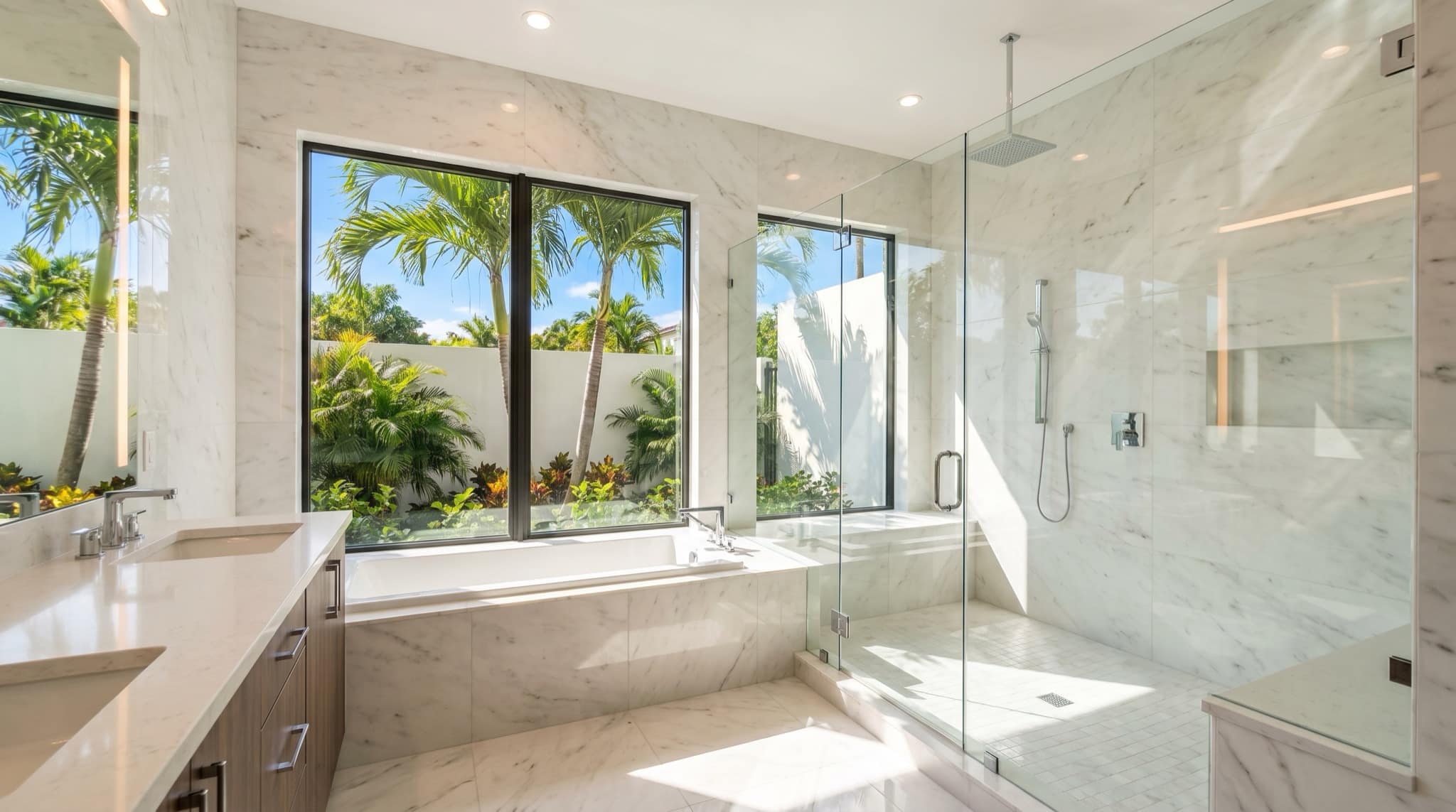 Luxury modern bathroom with marble tile and a glass walk-in shower in a South Florida home, South Florida.