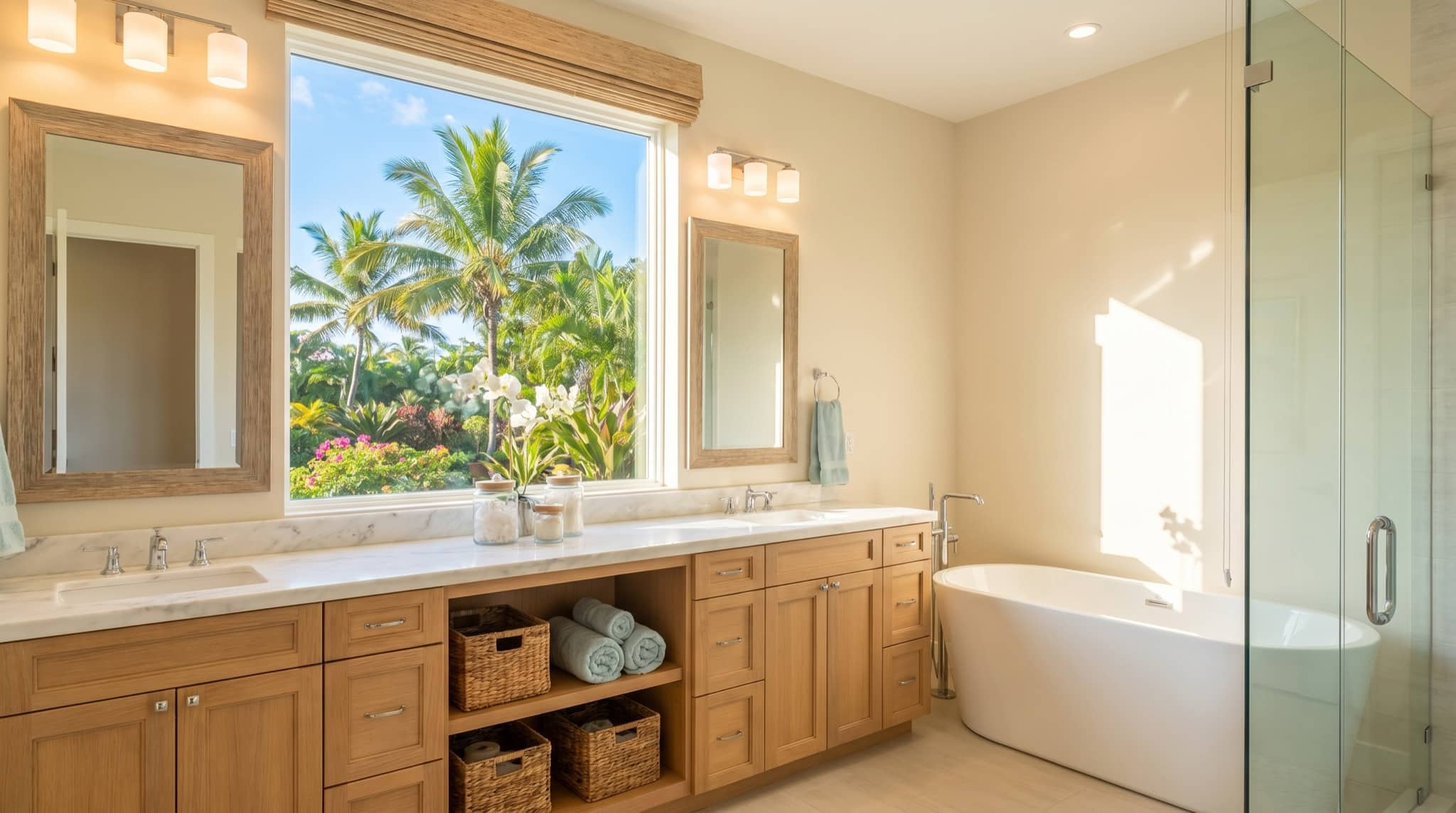 Double-vanity bathroom in a bright coastal Florida style, South Florida.