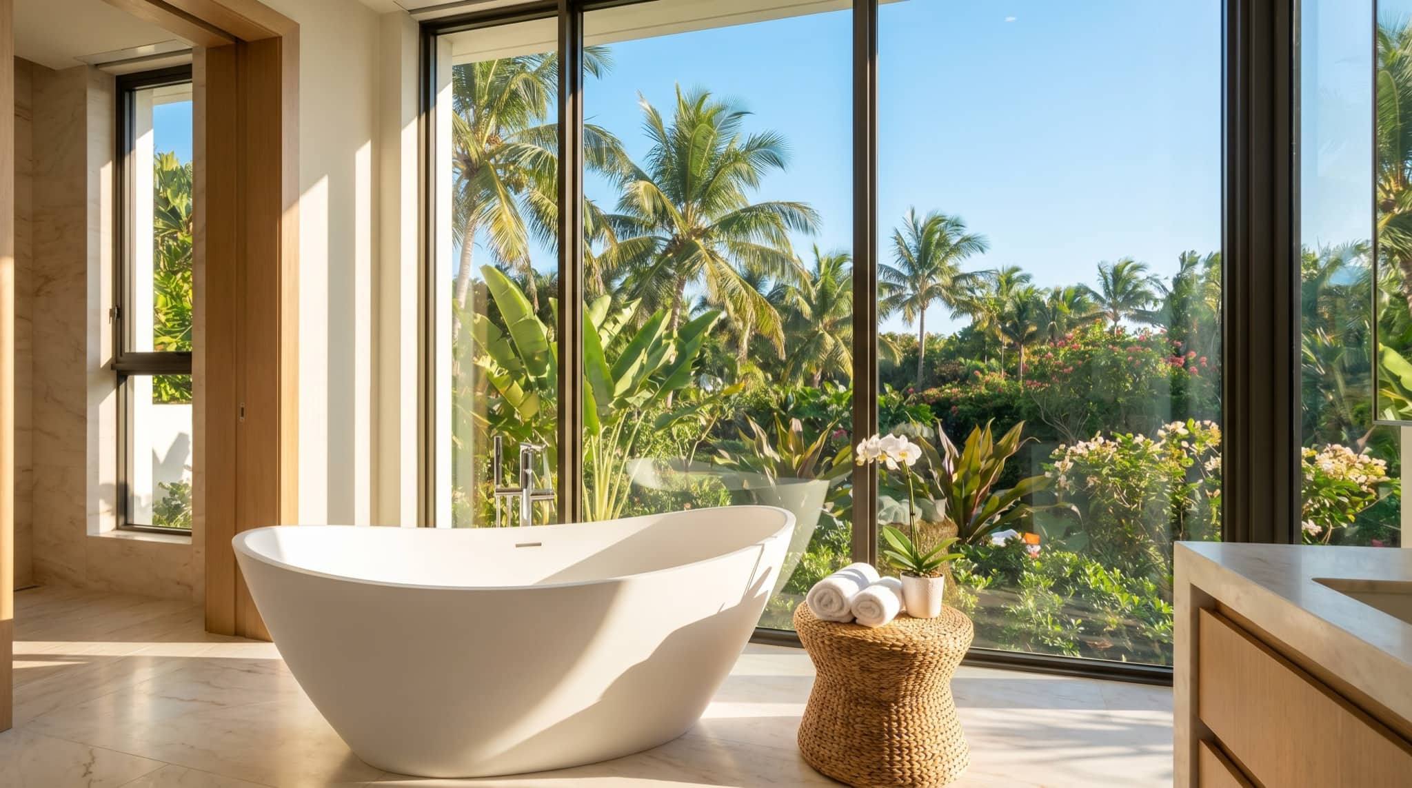 Freestanding tub beside a window with tropical light, South Florida.