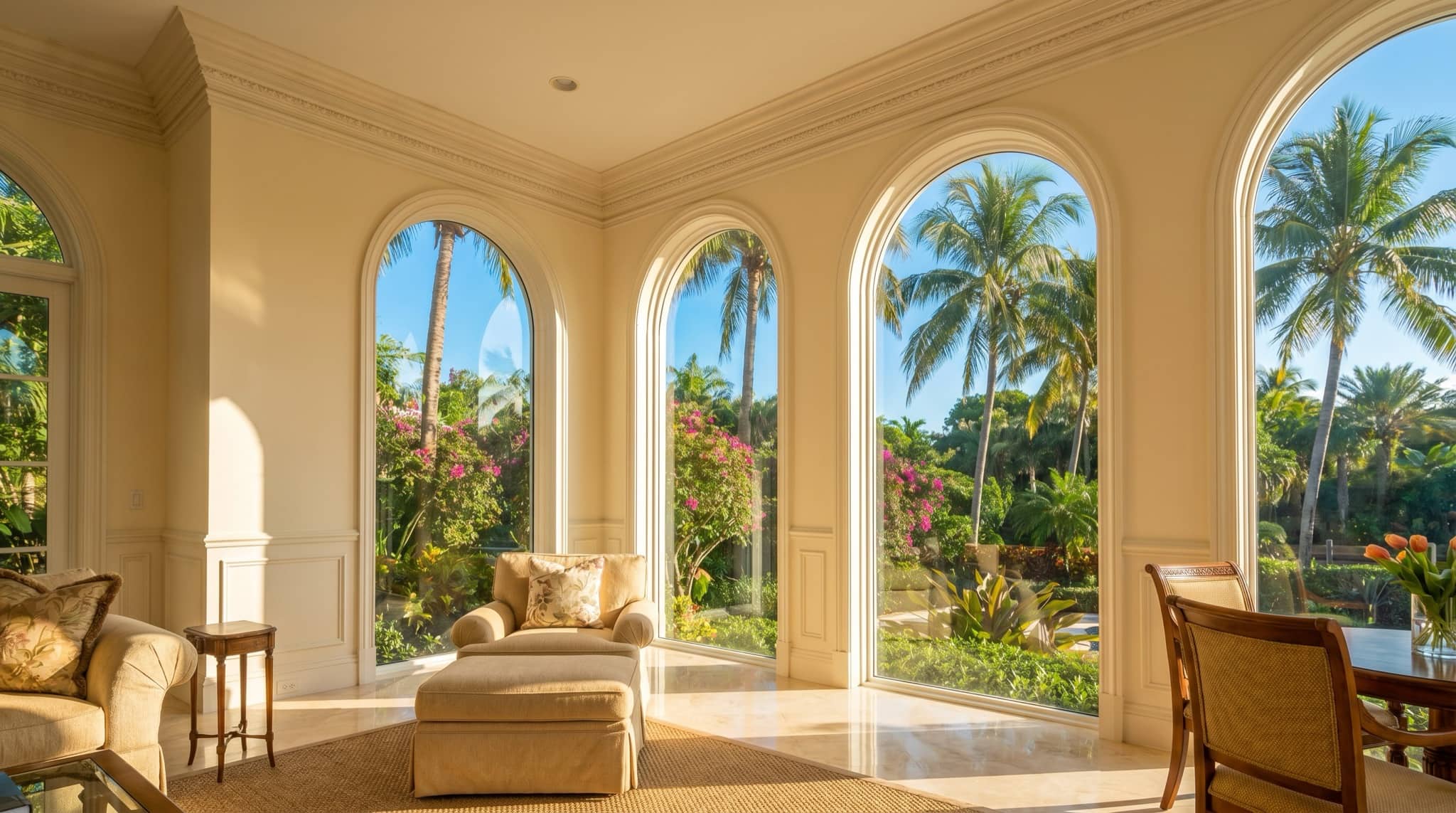 Crown molding and baseboard trim detail in an elegant interior, South Florida.