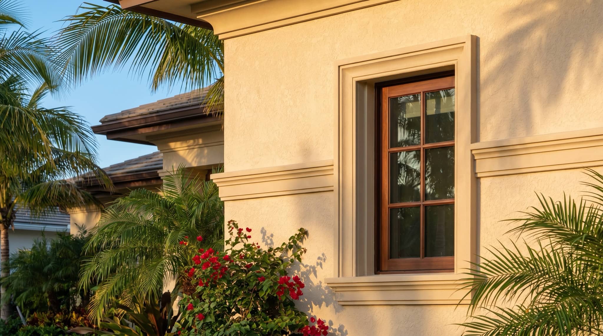 Smooth stucco exterior wall detail on a Florida home, South Florida.