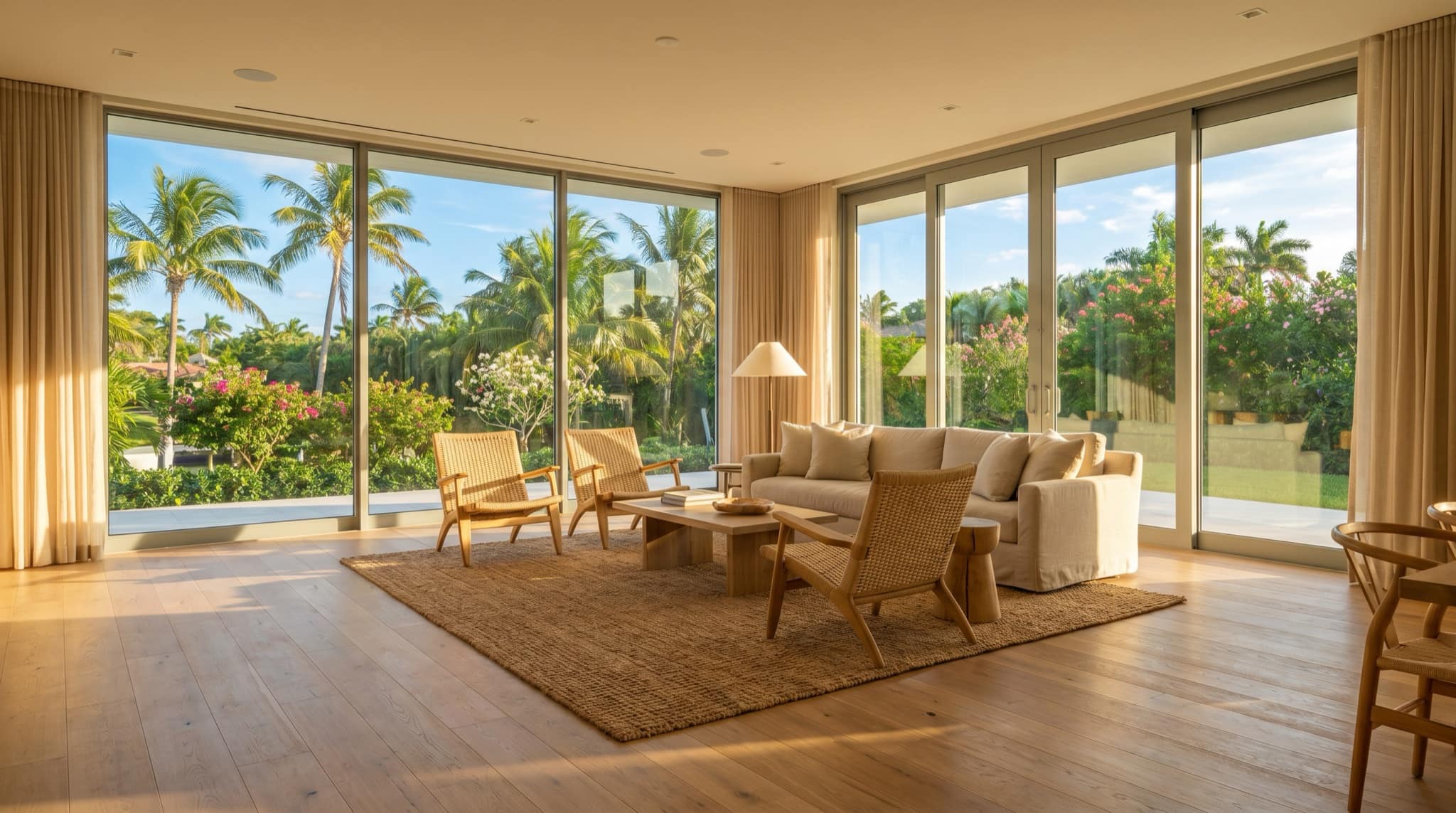 Wide-plank light wood flooring in a bright South Florida living room with palms outside, South Florida.
