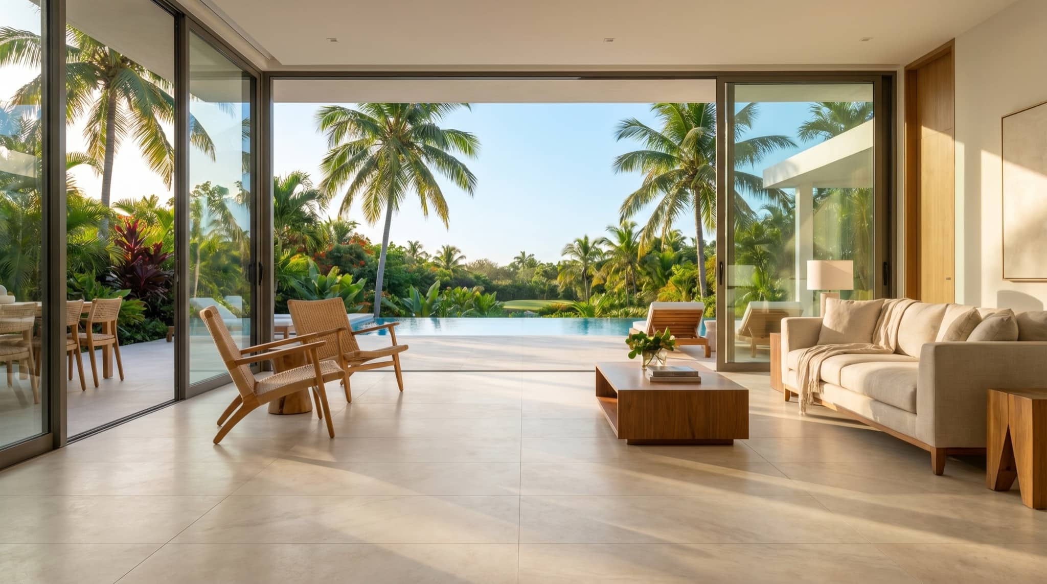 Large-format porcelain tile flooring in a modern Florida interior, South Florida.