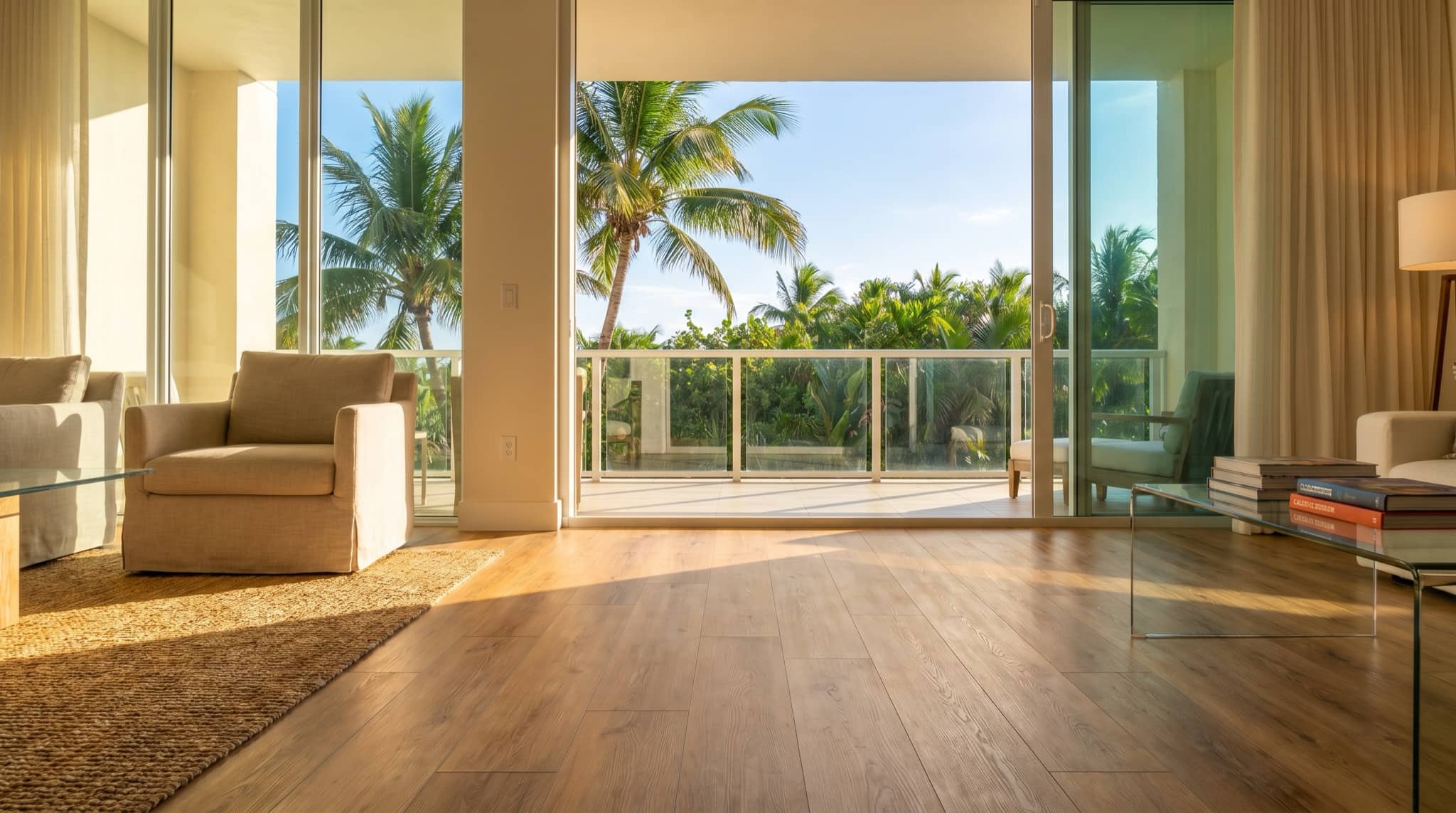 Luxury vinyl plank flooring detail in a sunlit room, South Florida.