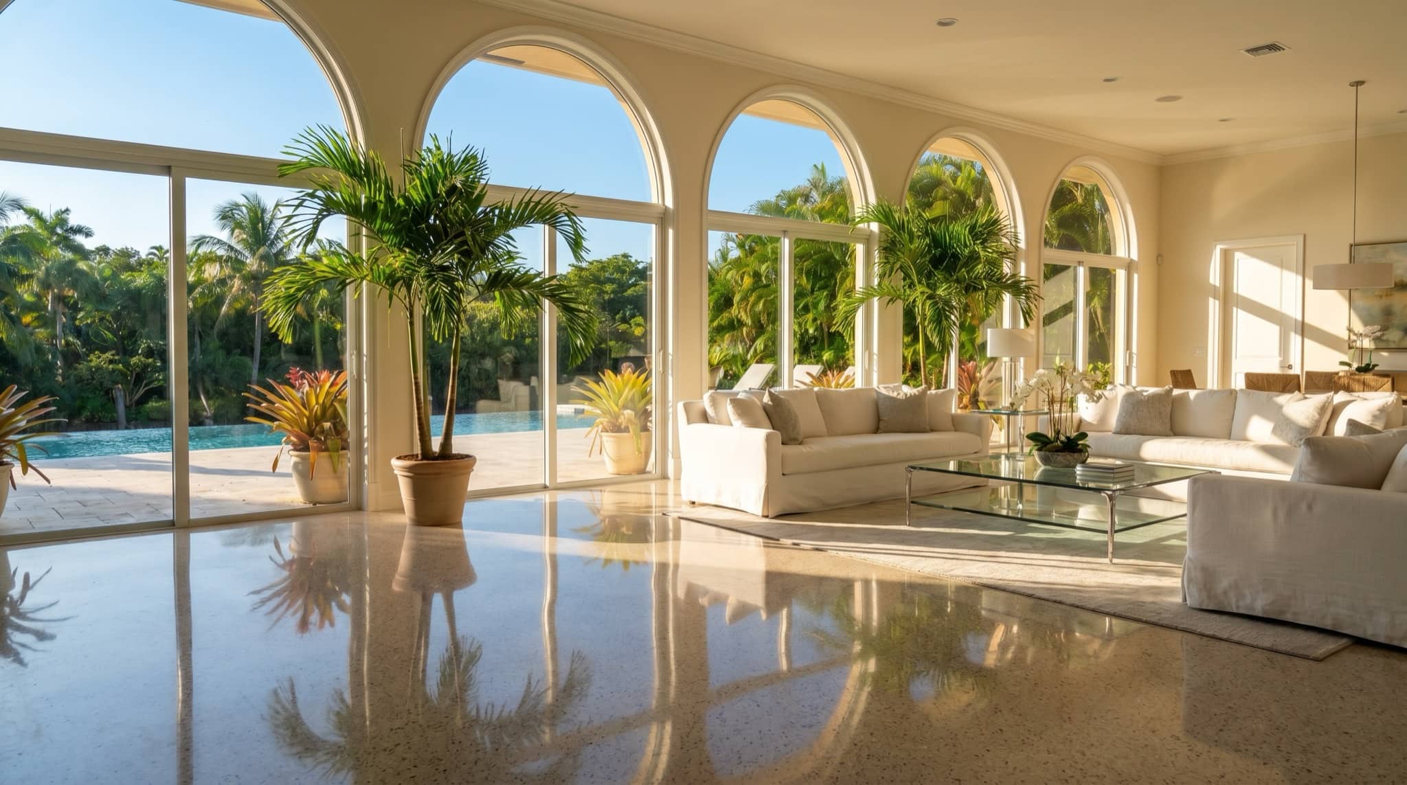 Polished floor in an open Florida home interior, South Florida.