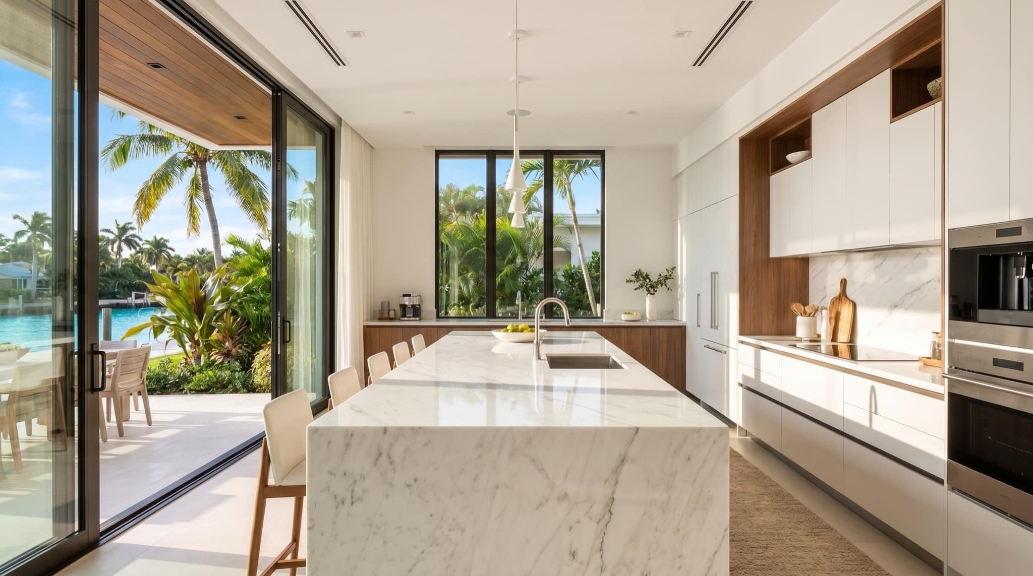 Luxury modern white kitchen with a marble island in a bright South Florida home, South Florida.