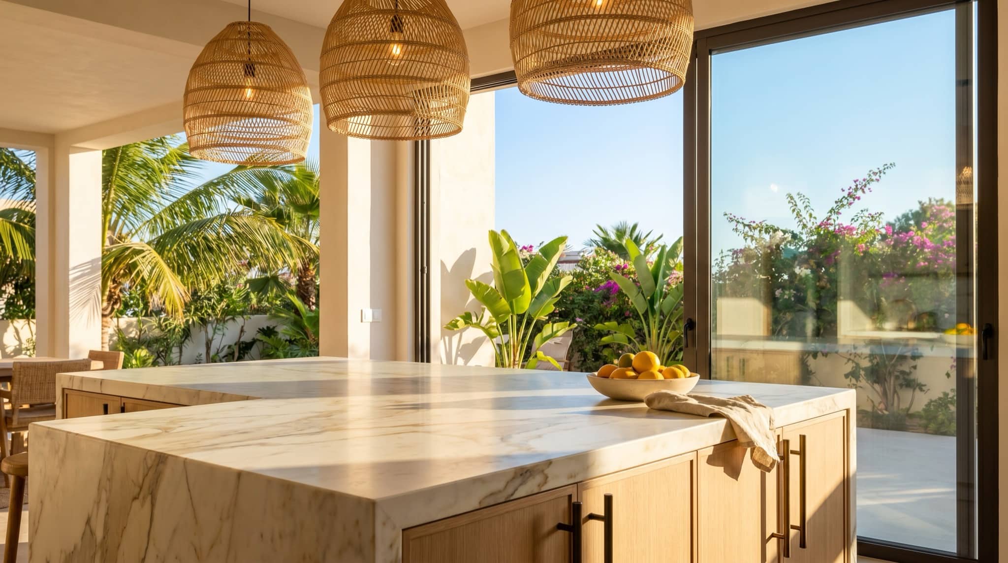 Kitchen island detail with marble and pendant lights, South Florida.