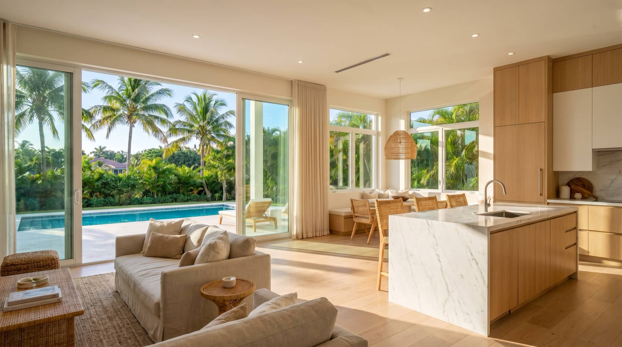 Open-concept Florida kitchen and living area, South Florida.