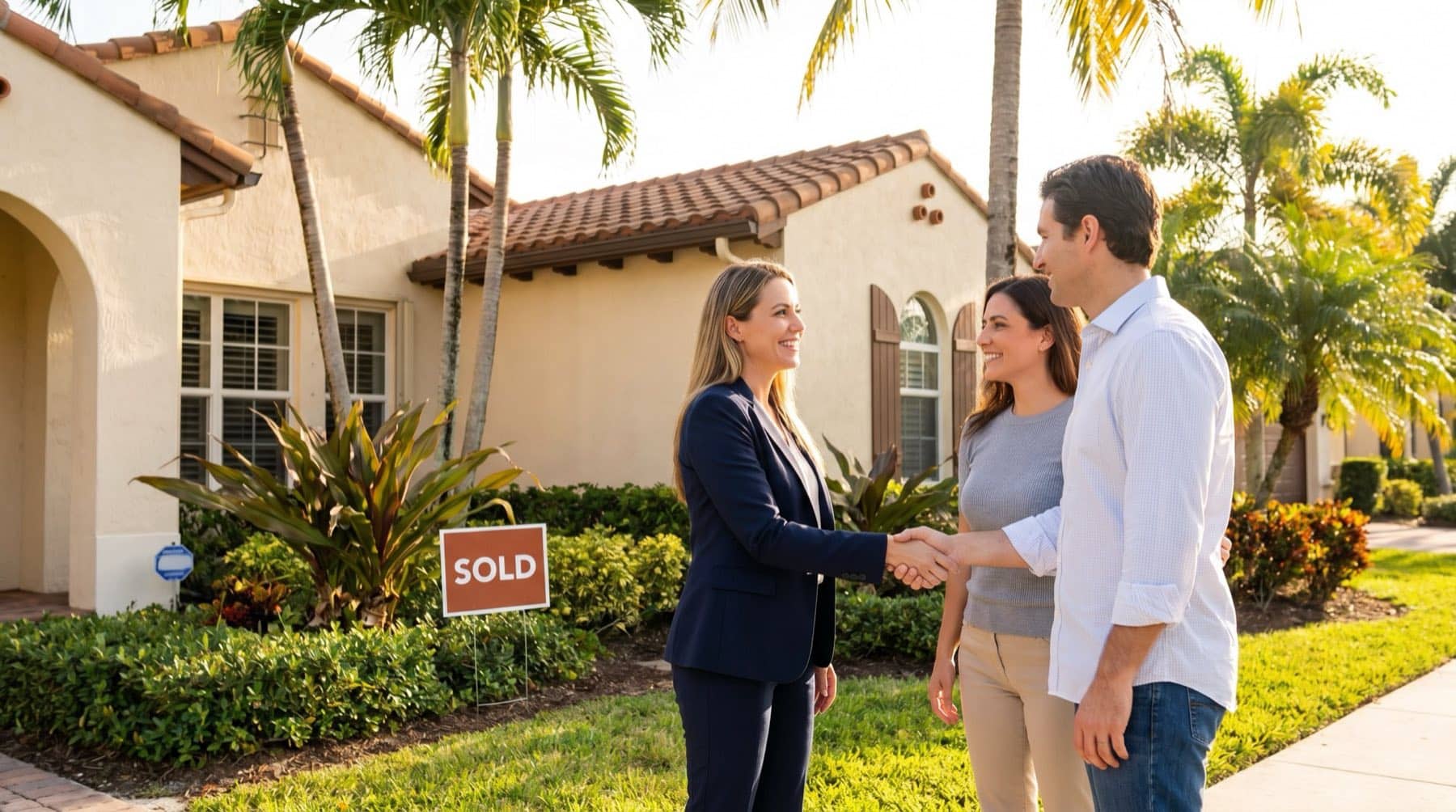 Realtor shaking hands with clients in front of a Florida home, South Florida.