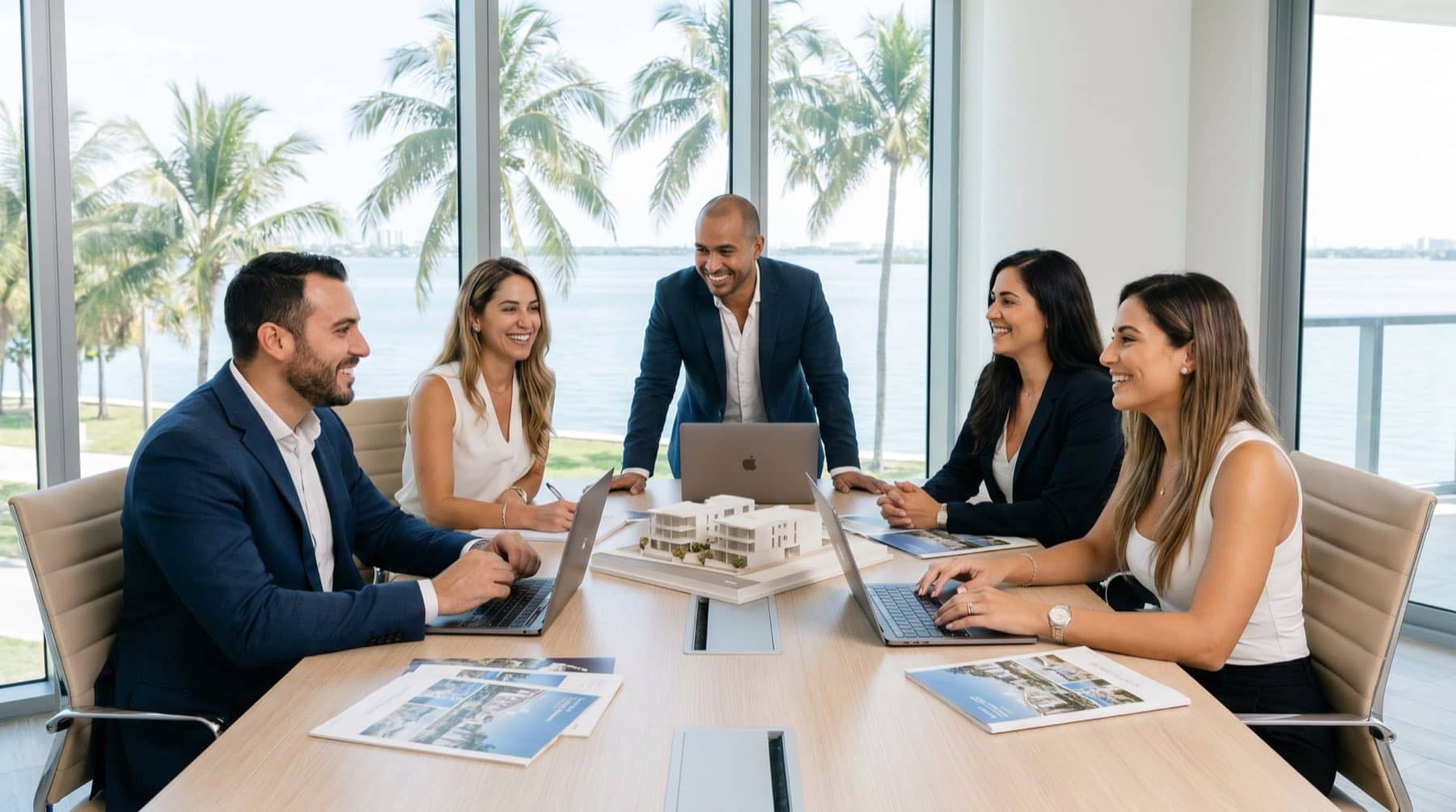 Professional real estate team in a modern Miami office, South Florida.