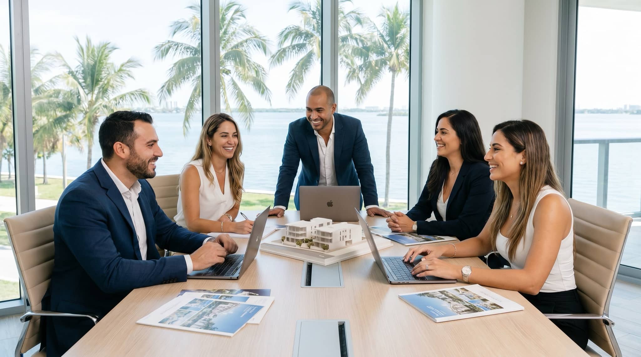 Professional real estate team in a modern Miami office, South Florida.