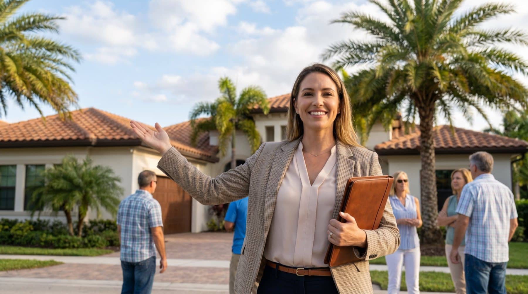 Confident woman realtor outside a palm-lined Florida property, South Florida.