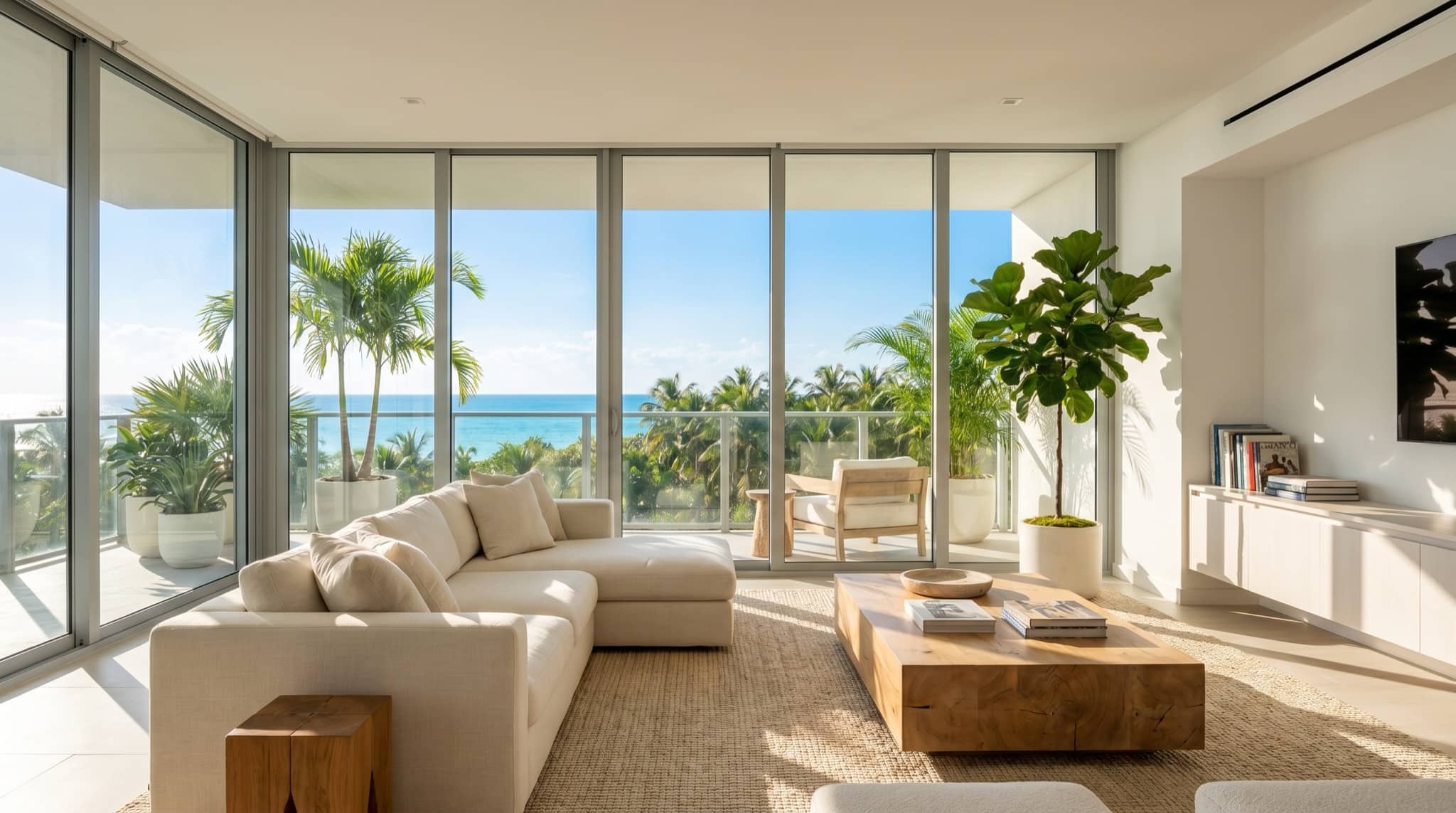 Bright modern rental apartment living room interior in Florida, South Florida.