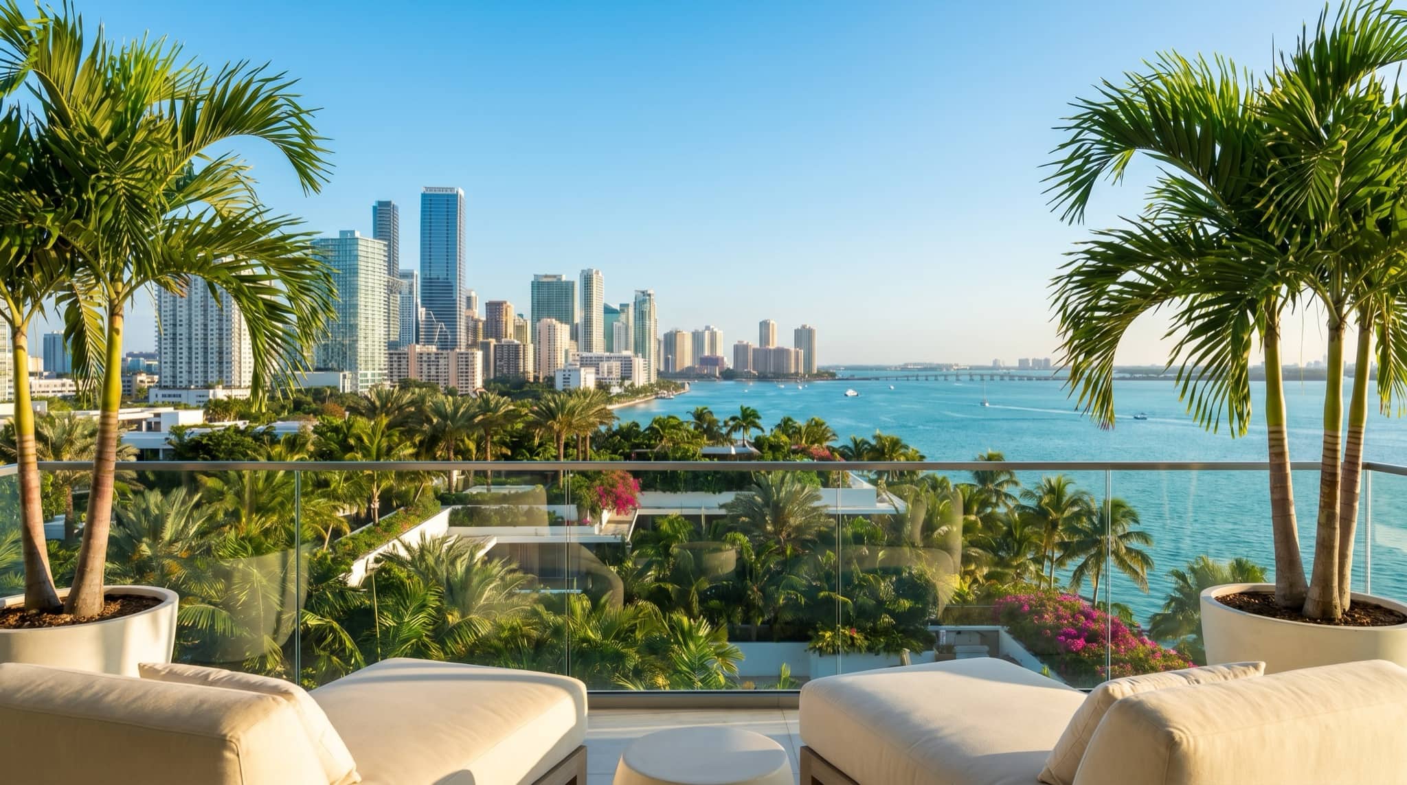 Condo balcony view over Miami palms and water, South Florida.