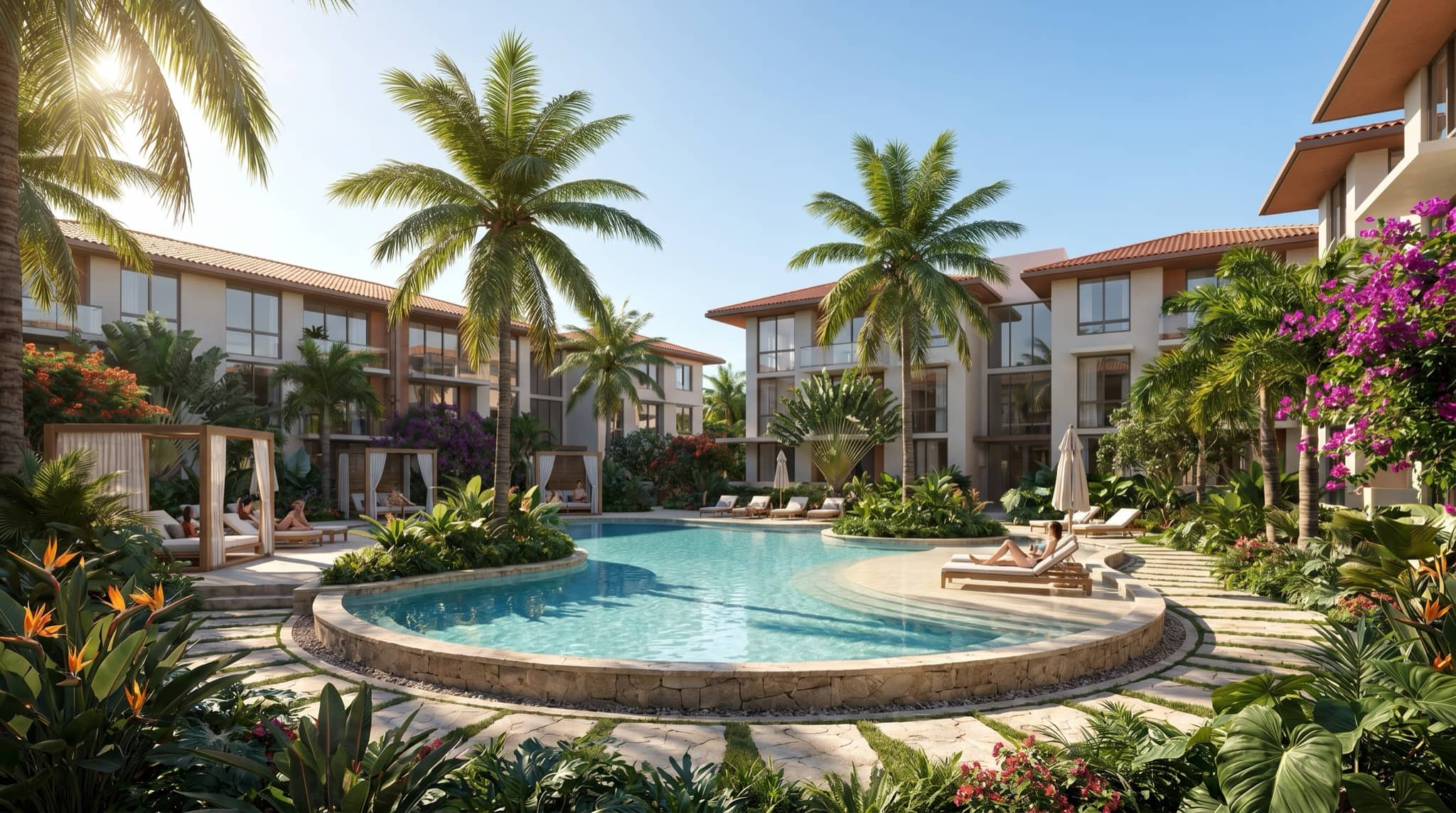 Apartment courtyard with a pool and palms in South Florida, South Florida.