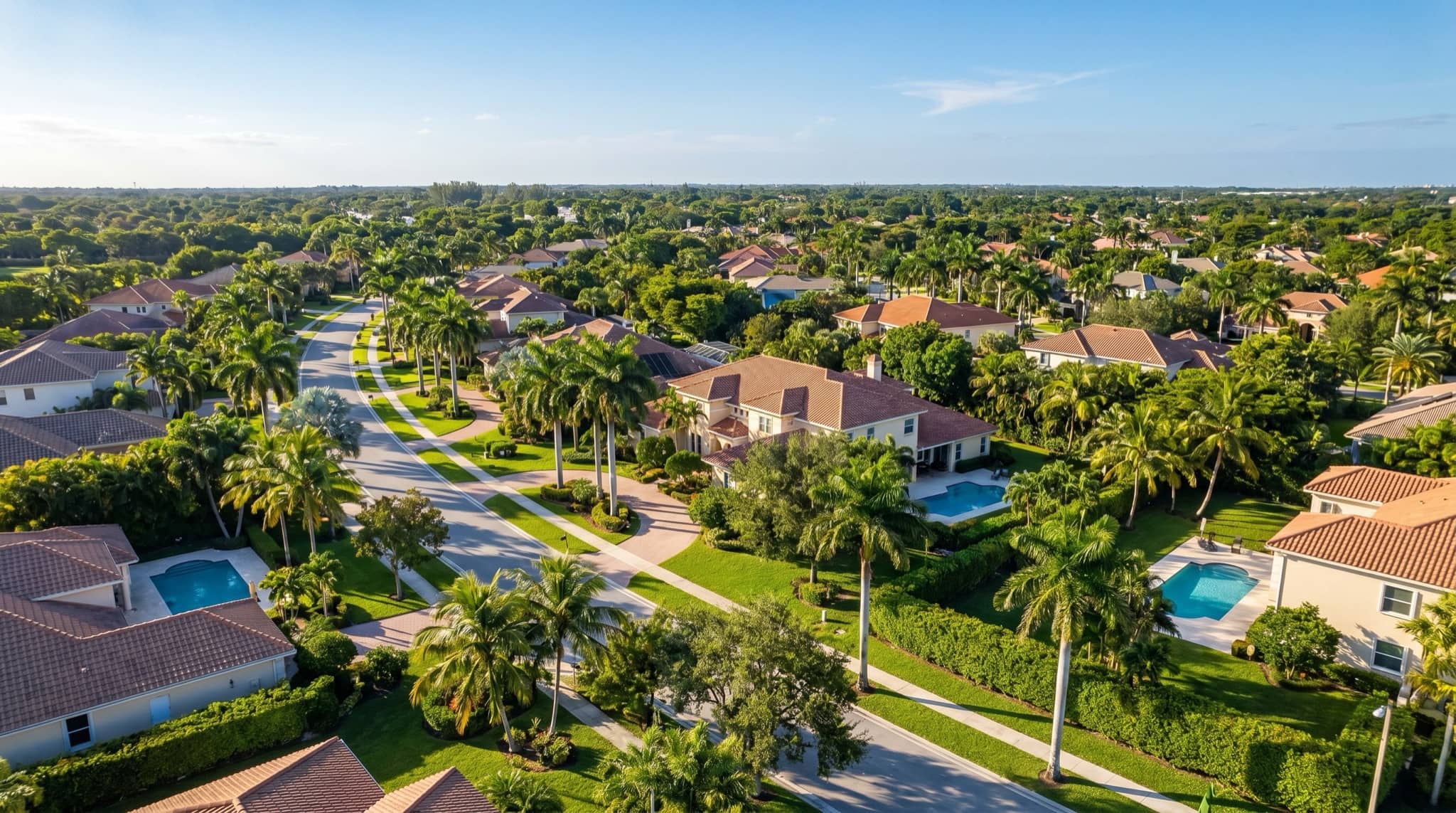 Aerial of suburban Miami homes with pools and palm-lined streets, South Florida.