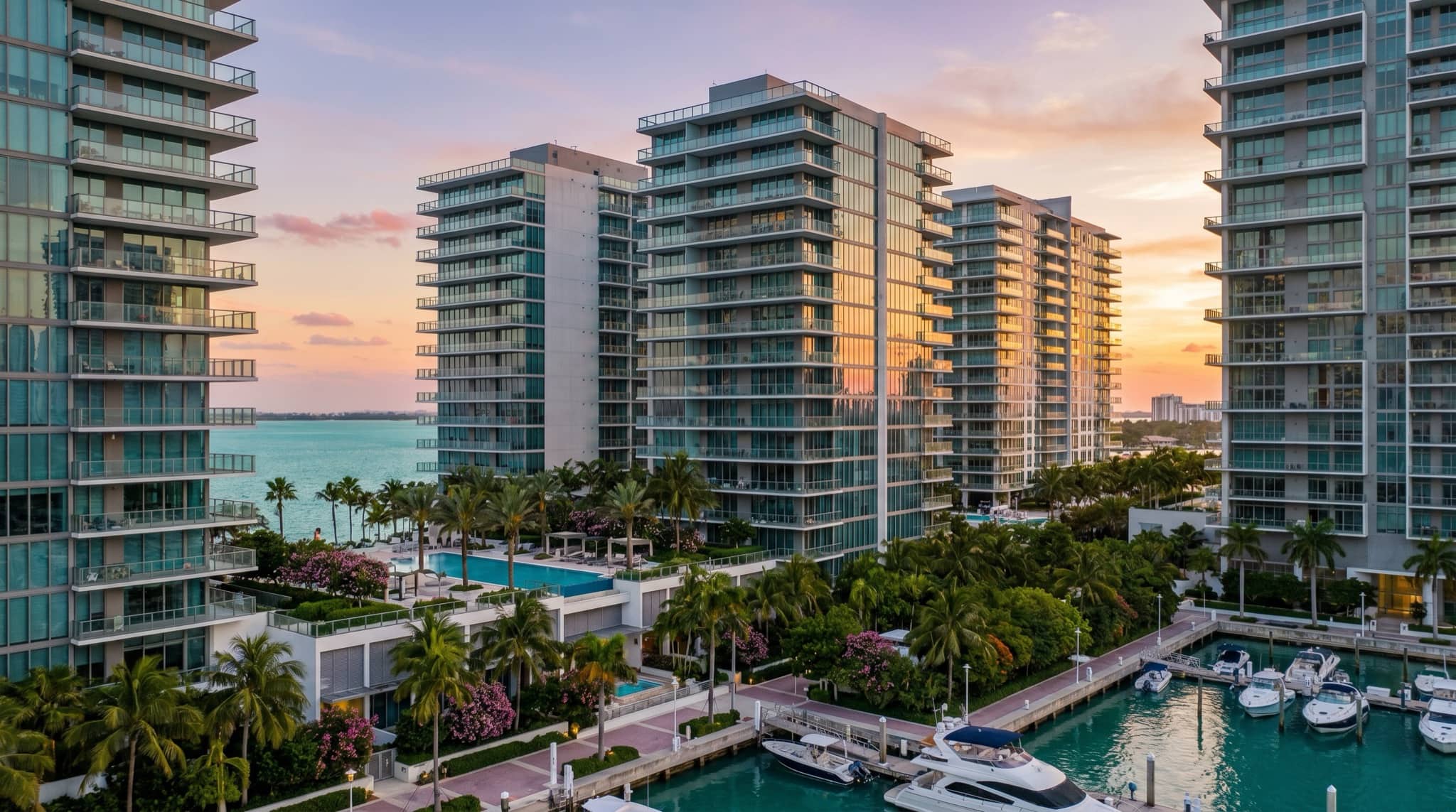 Modern Miami condo towers along the bay at sunset, South Florida.