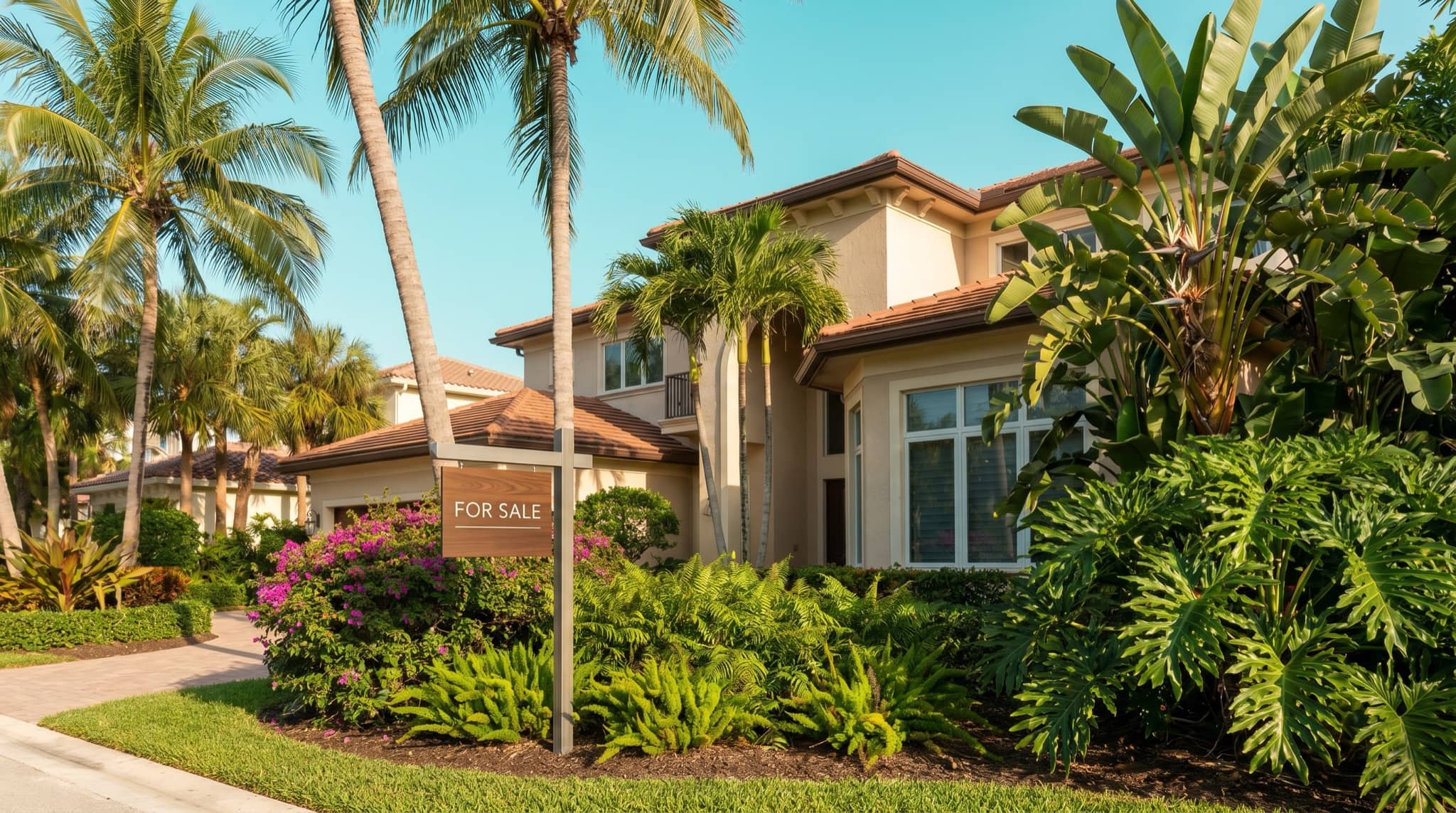 For-sale sign in front of a Florida home framed by palms, South Florida.