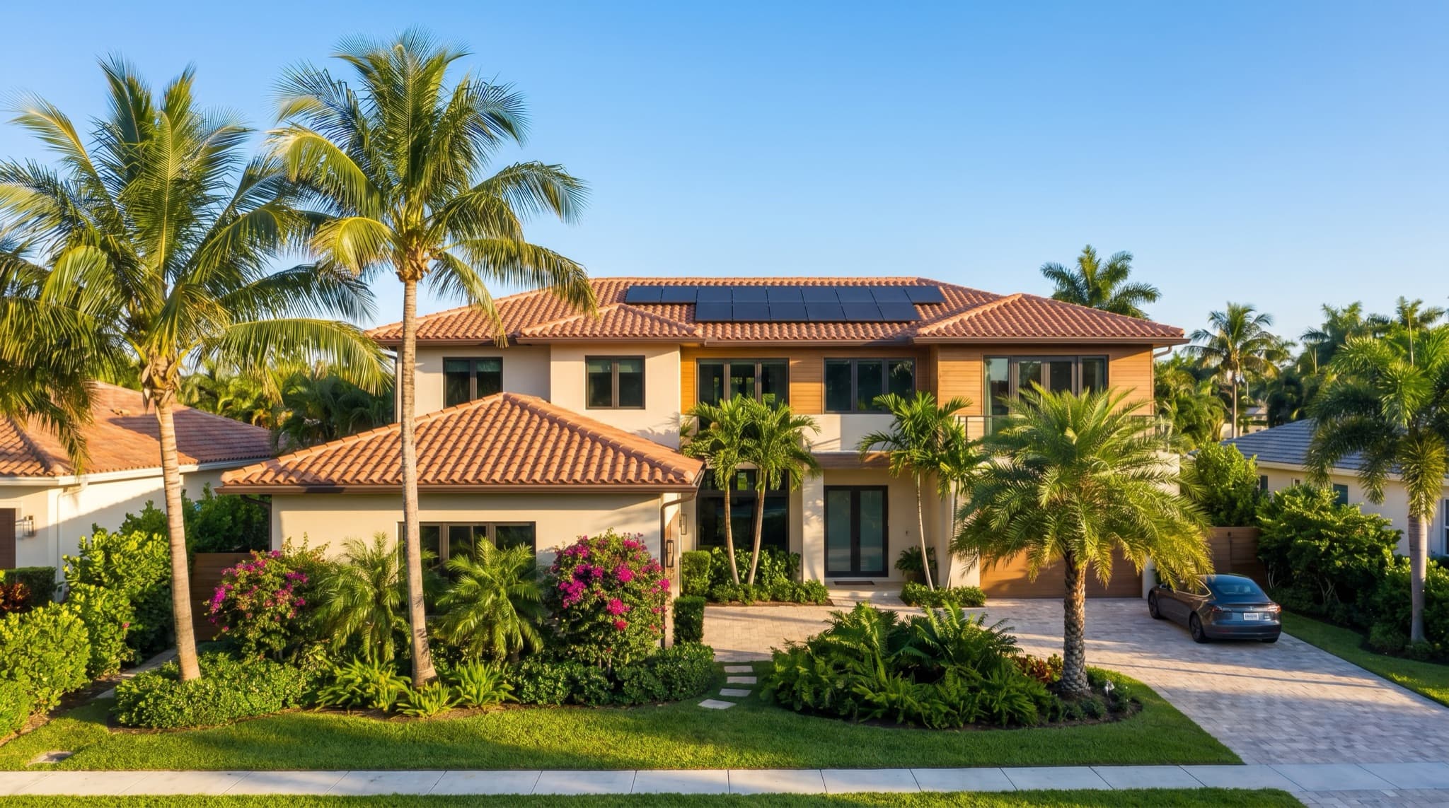 South Florida home exterior showing tile roof, impact windows and rooftop solar under blue sky and palms, South Florida.