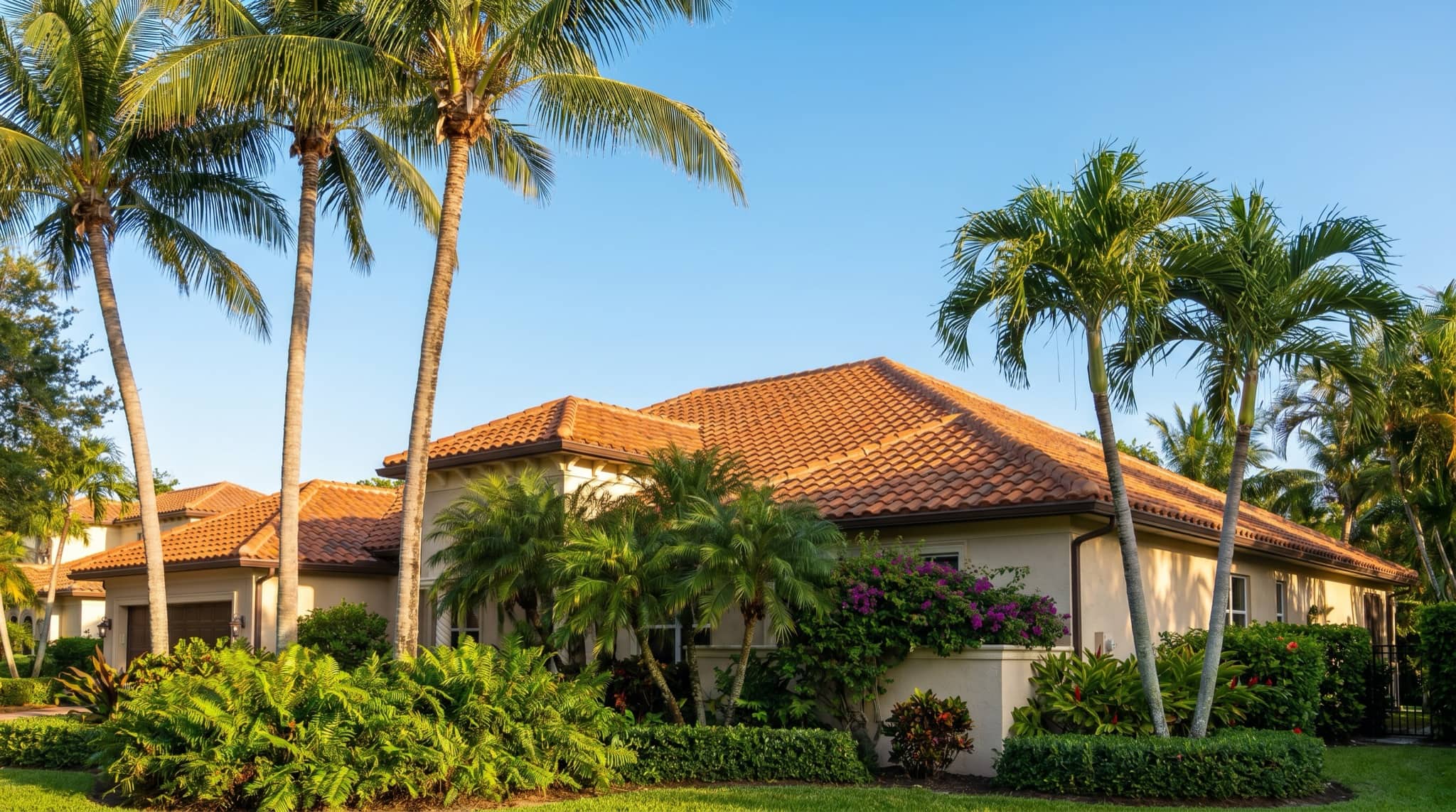 Barrel-tile roof on a Miami home against a blue sky, South Florida.