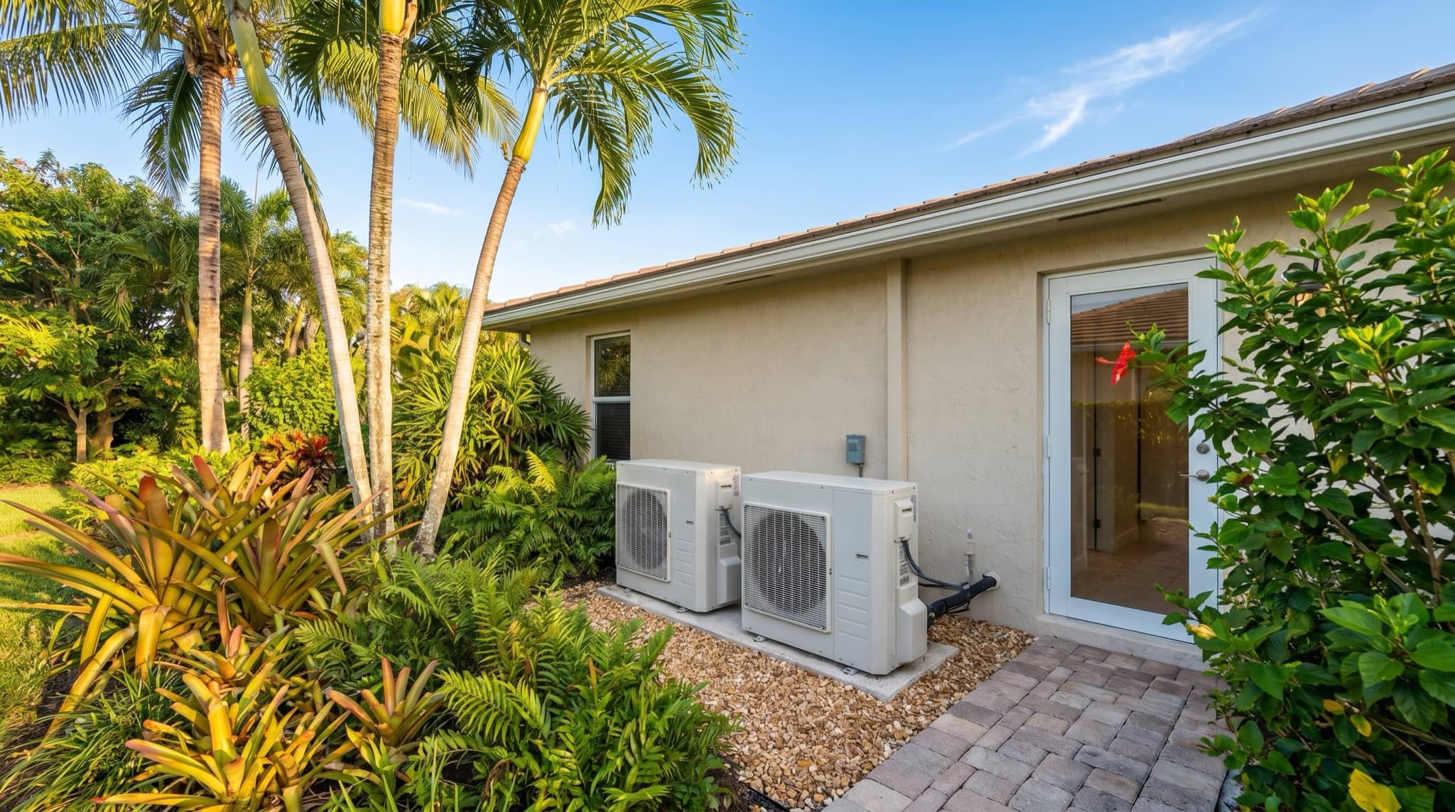 Outdoor AC condenser units beside a Florida home with palms, South Florida.