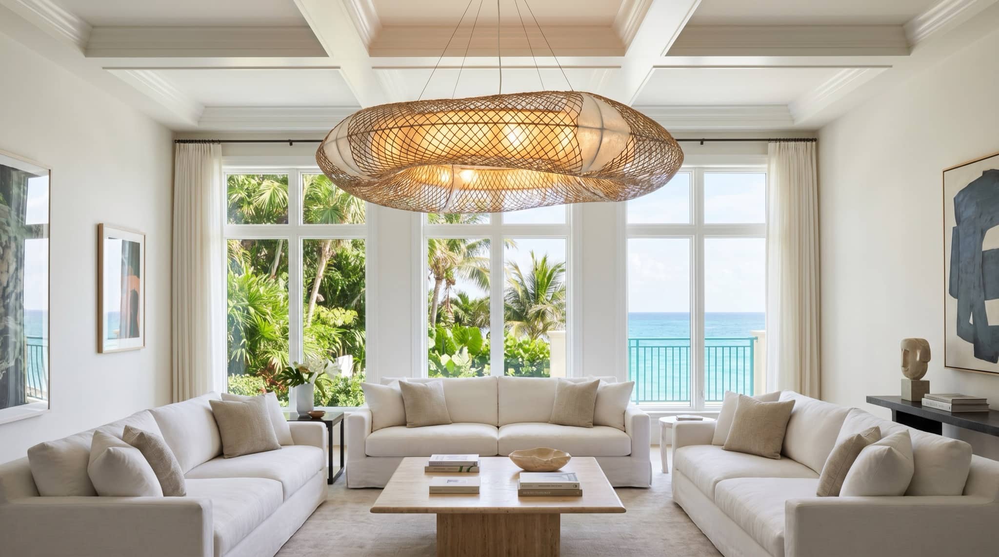 Stunning designer sculptural pendant chandelier glowing in a bright luxury South Florida living room, South Florida.