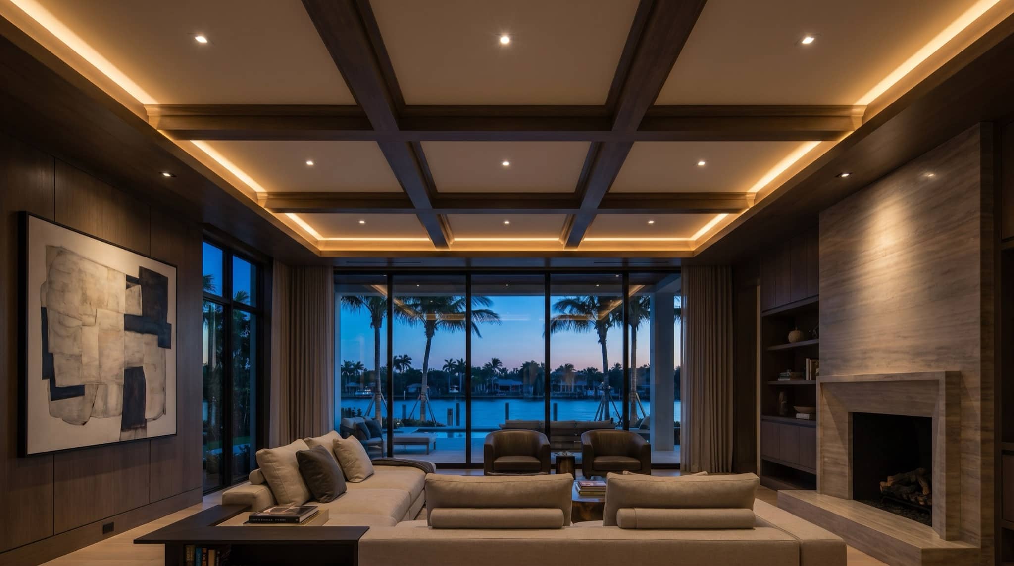 Elegant recessed and warm cove lighting in a modern luxury South Florida living room at dusk, South Florida.