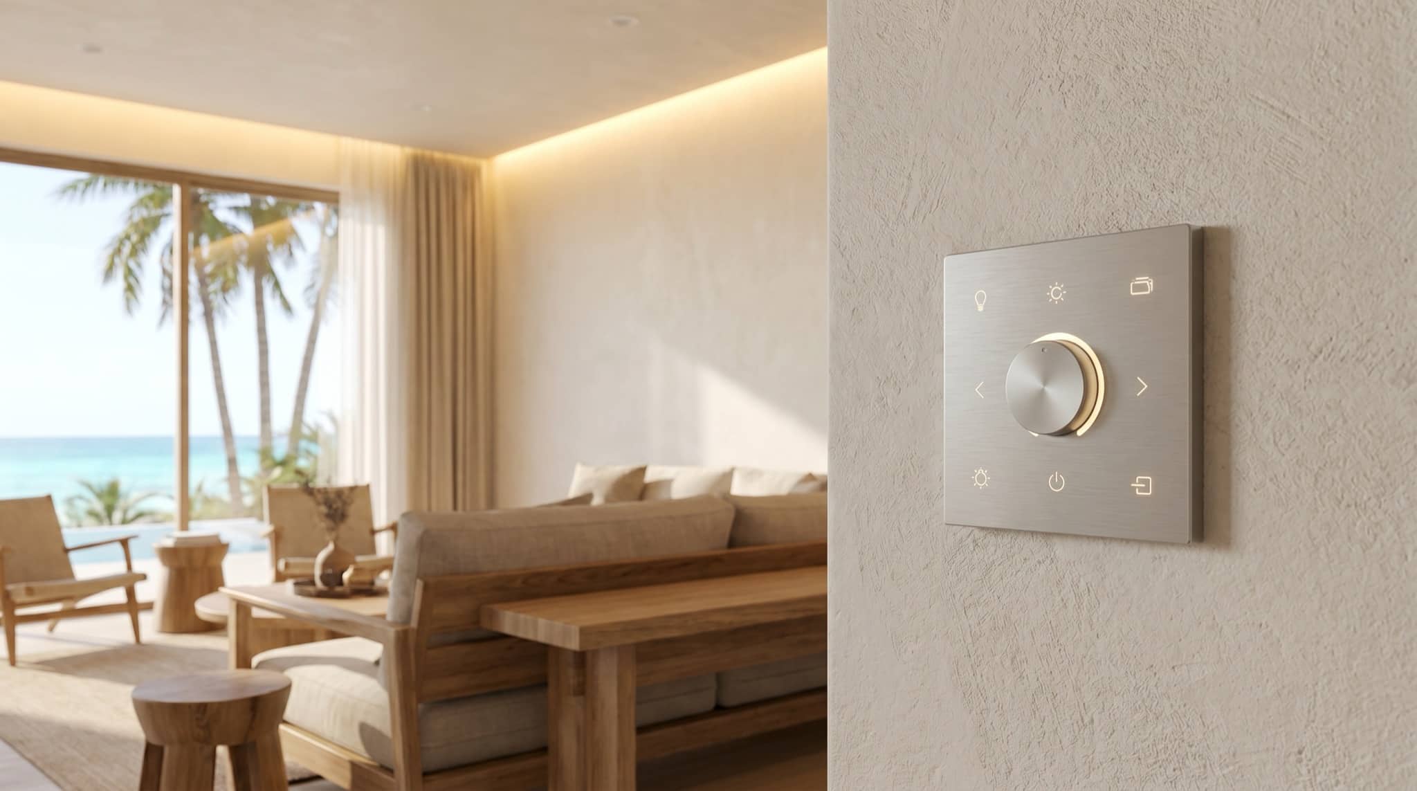 Sleek smart-lighting keypad and dimmer in a high-end South Florida home, South Florida.