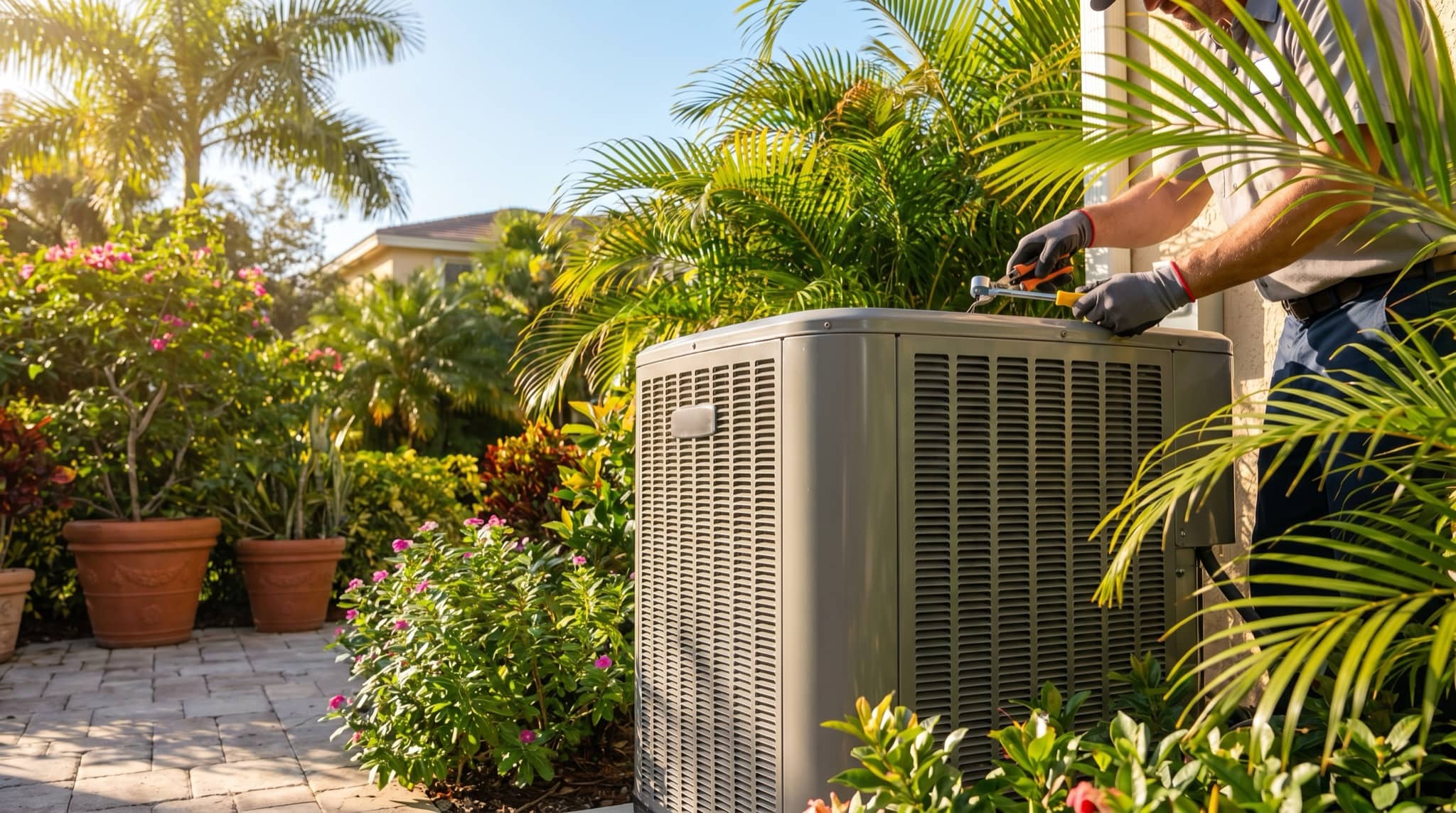 HVAC technician servicing an air conditioner in Florida, hands and unit in focus, South Florida.