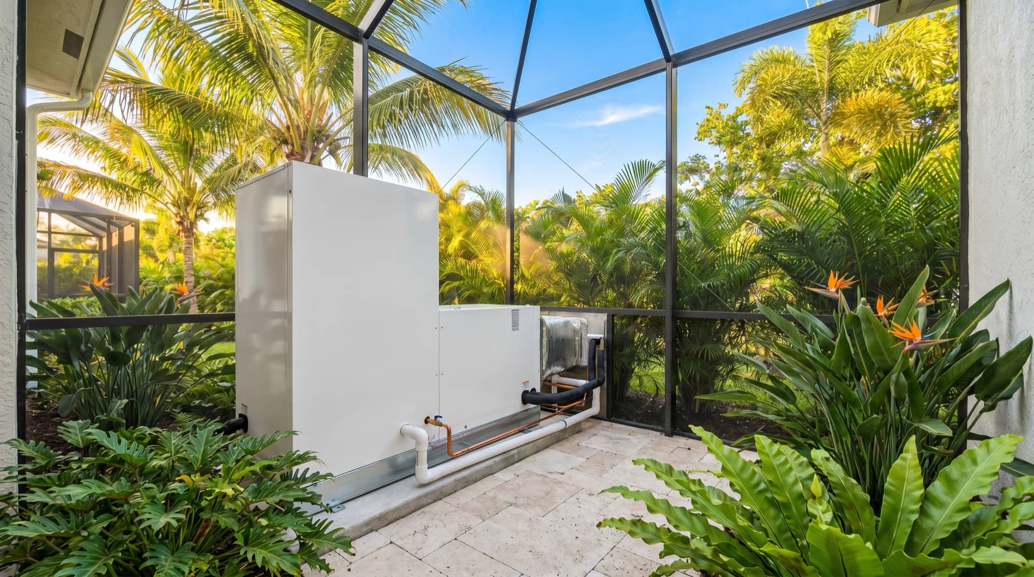 Clean new AC air handler installation in a Florida utility space, South Florida.