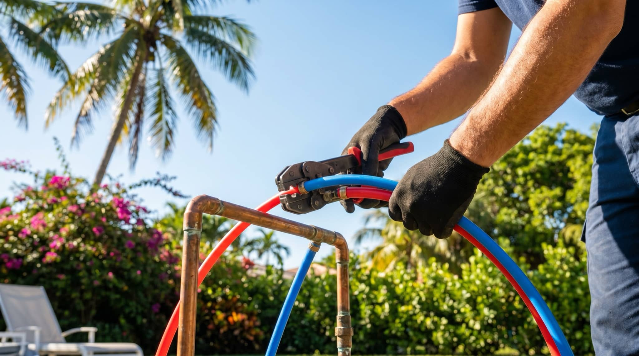 Plumber working on PEX/copper pipes, hands in focus, South Florida.