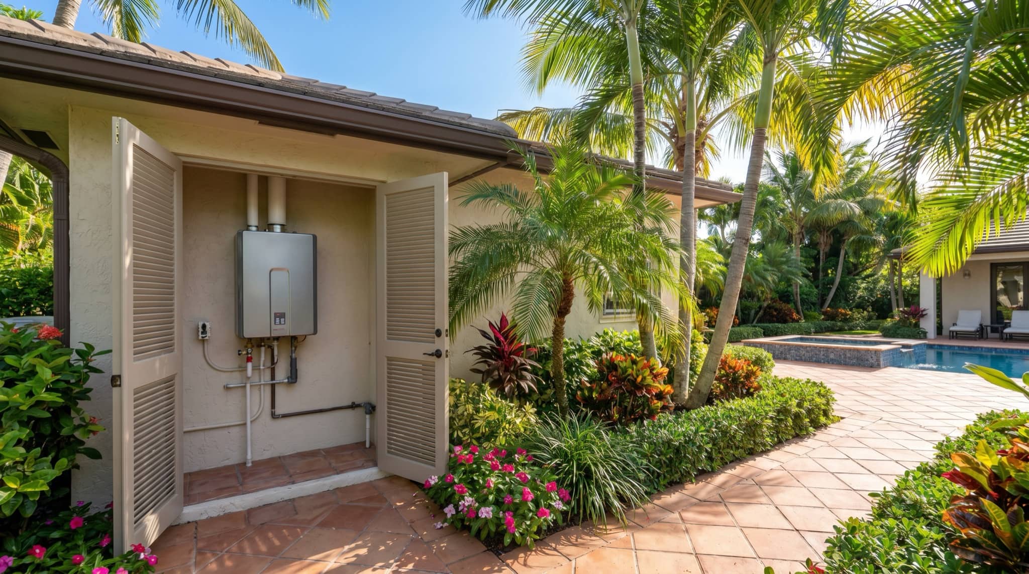 Tankless water heater installed in a clean Florida utility area, South Florida.