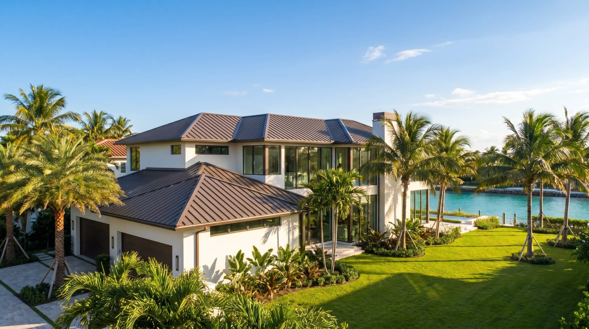 Metal standing-seam roof on a modern coastal Florida home, South Florida.
