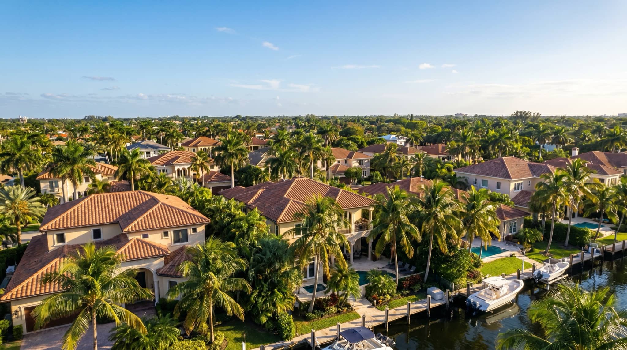 Aerial of South Florida rooftops with clay tile and palms, South Florida.
