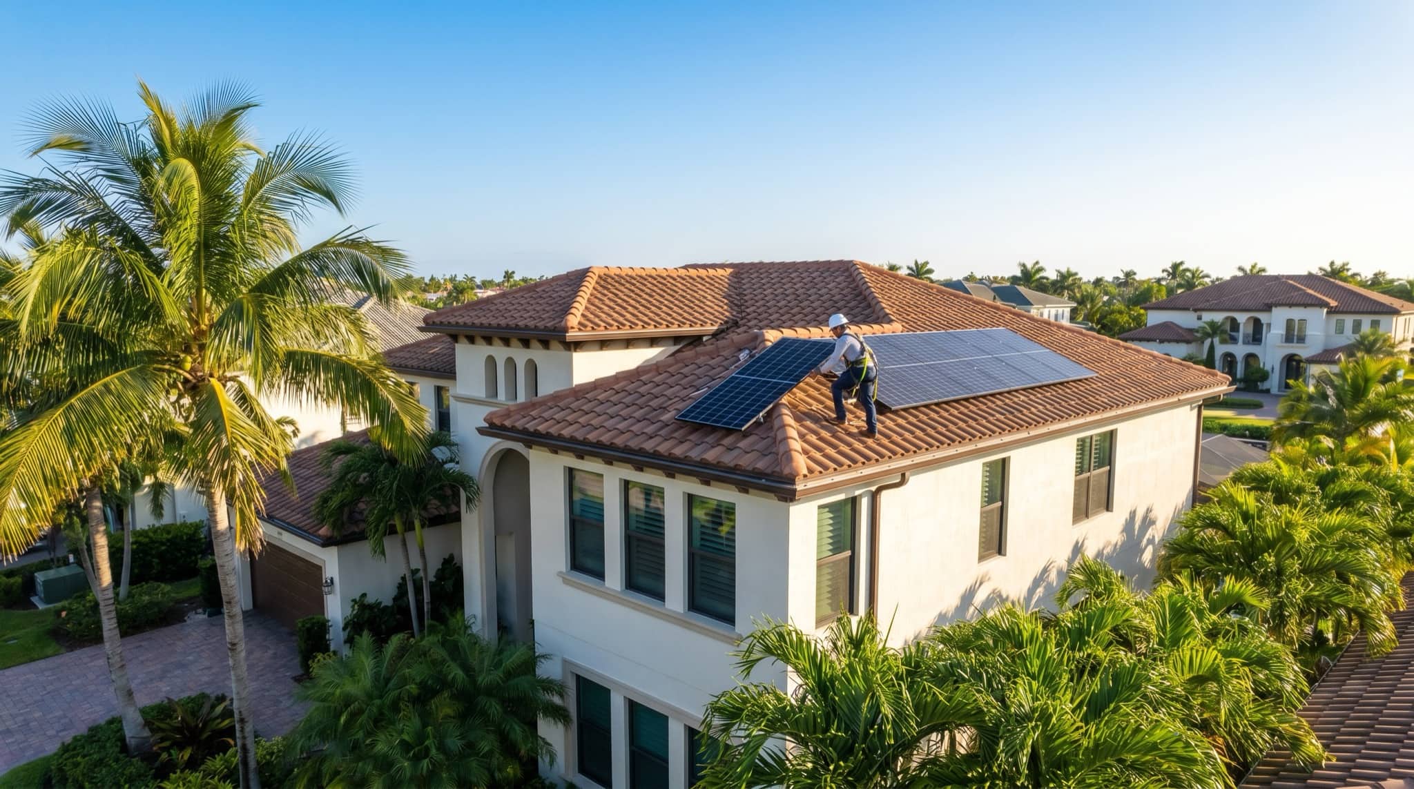 Solar installer placing panels on a sunny Florida roof, South Florida.